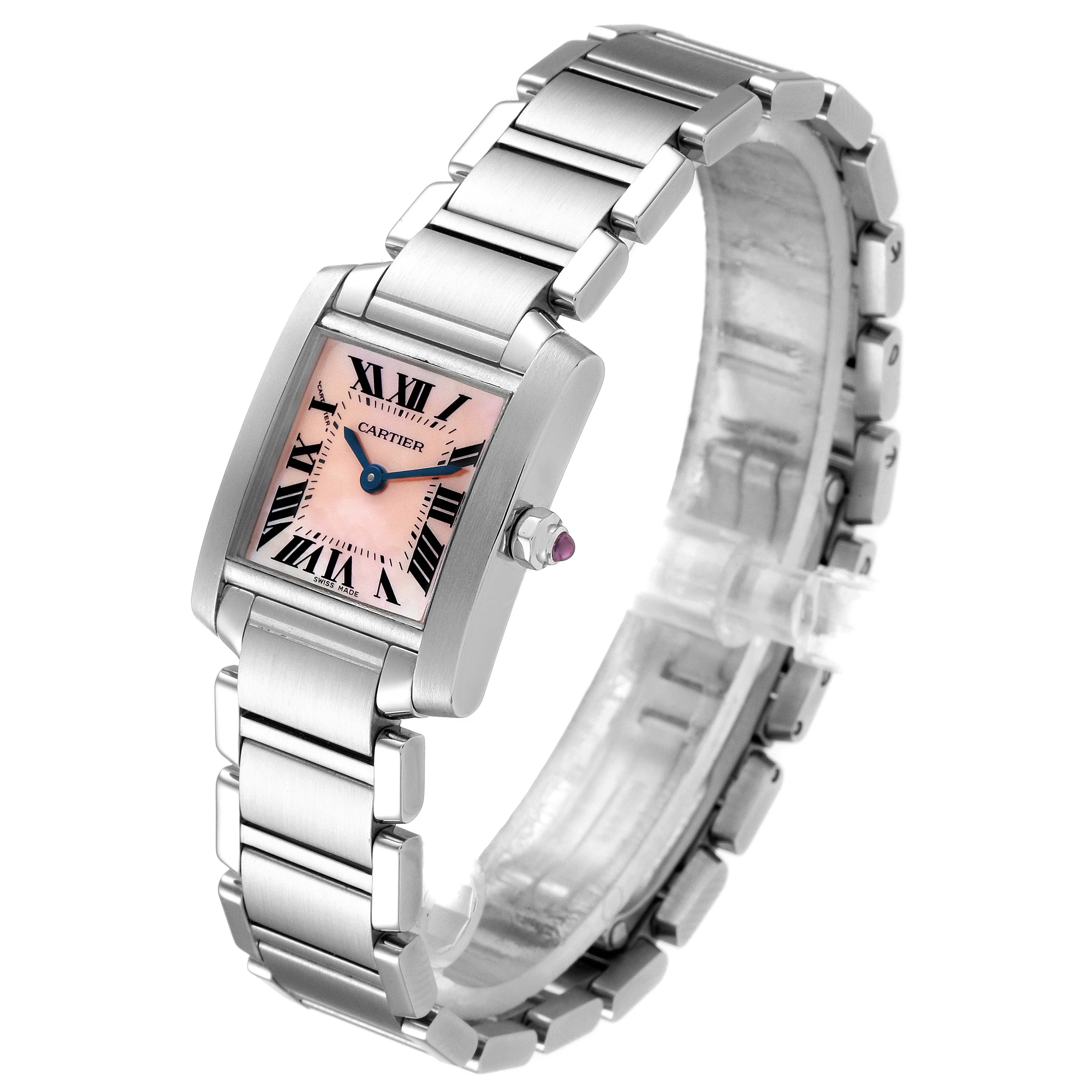 The Cartier Tank Francaise W51028Q3 Women's Stainless Steel Mother of Pearl Dial W51028Q3 Women's Stainless Steel Mother of Pearl Dial watch is shown from an angled perspective, displaying the face, bracelet, and crown.