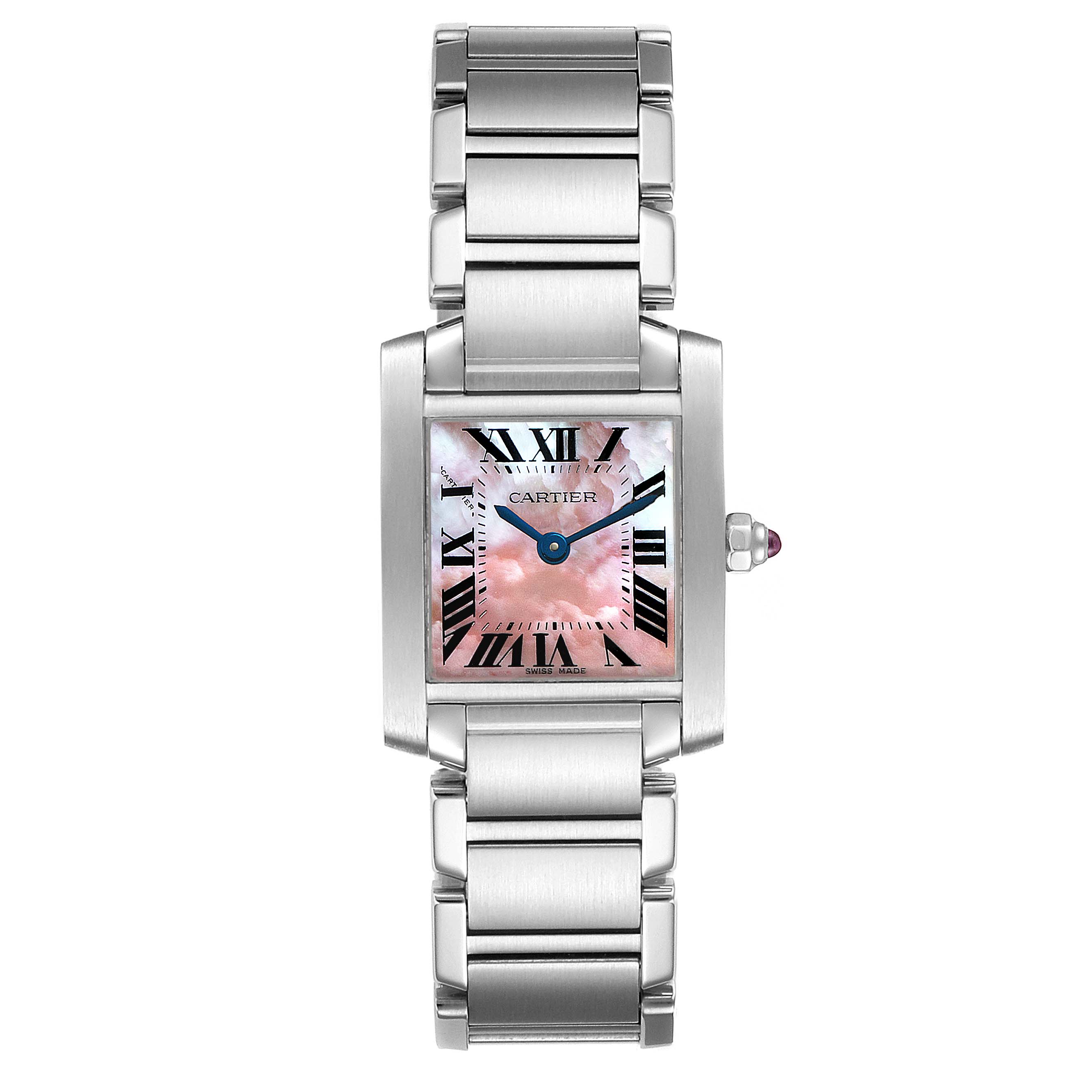 The Cartier Tank Francaise W51028Q3 Women's Stainless Steel Mother of Pearl Dial W51028Q3 Women's Stainless Steel Mother of Pearl Dial watch is shown from the front, displaying its face, Roman numerals, hands, and bracelet.