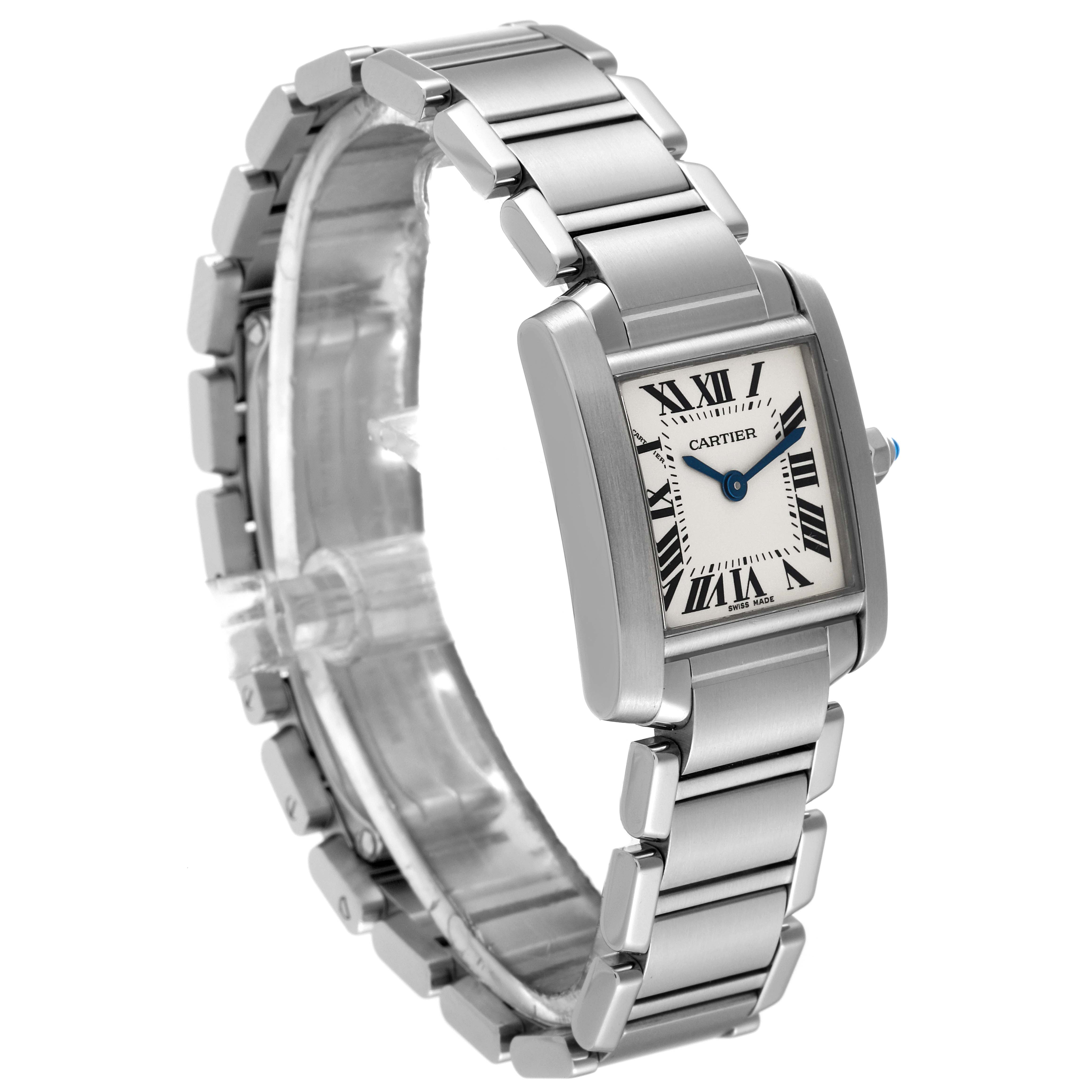 This image shows a side view of the Cartier Tank Francaise W51008Q3 Women's Stainless Steel Silver Dial W51008Q3 Women's Stainless Steel Silver Dial watch, featuring its silver bracelet and rectangular face with Roman numerals.