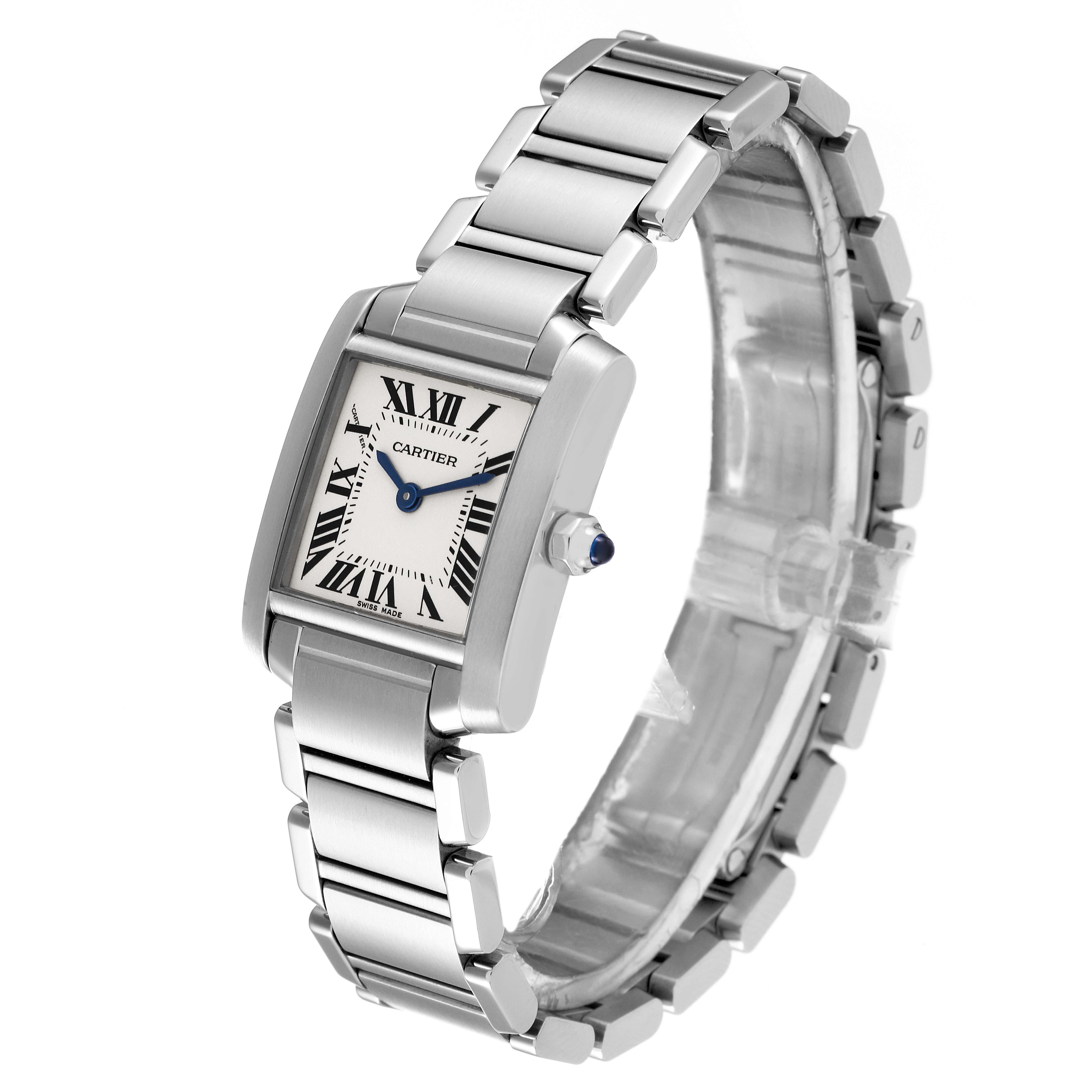 The Cartier Tank Francaise W51008Q3 Women's Stainless Steel Silver Dial W51008Q3 Women's Stainless Steel Silver Dial is shown from an angled top-down view, displaying the dial, bracelet, and crown.