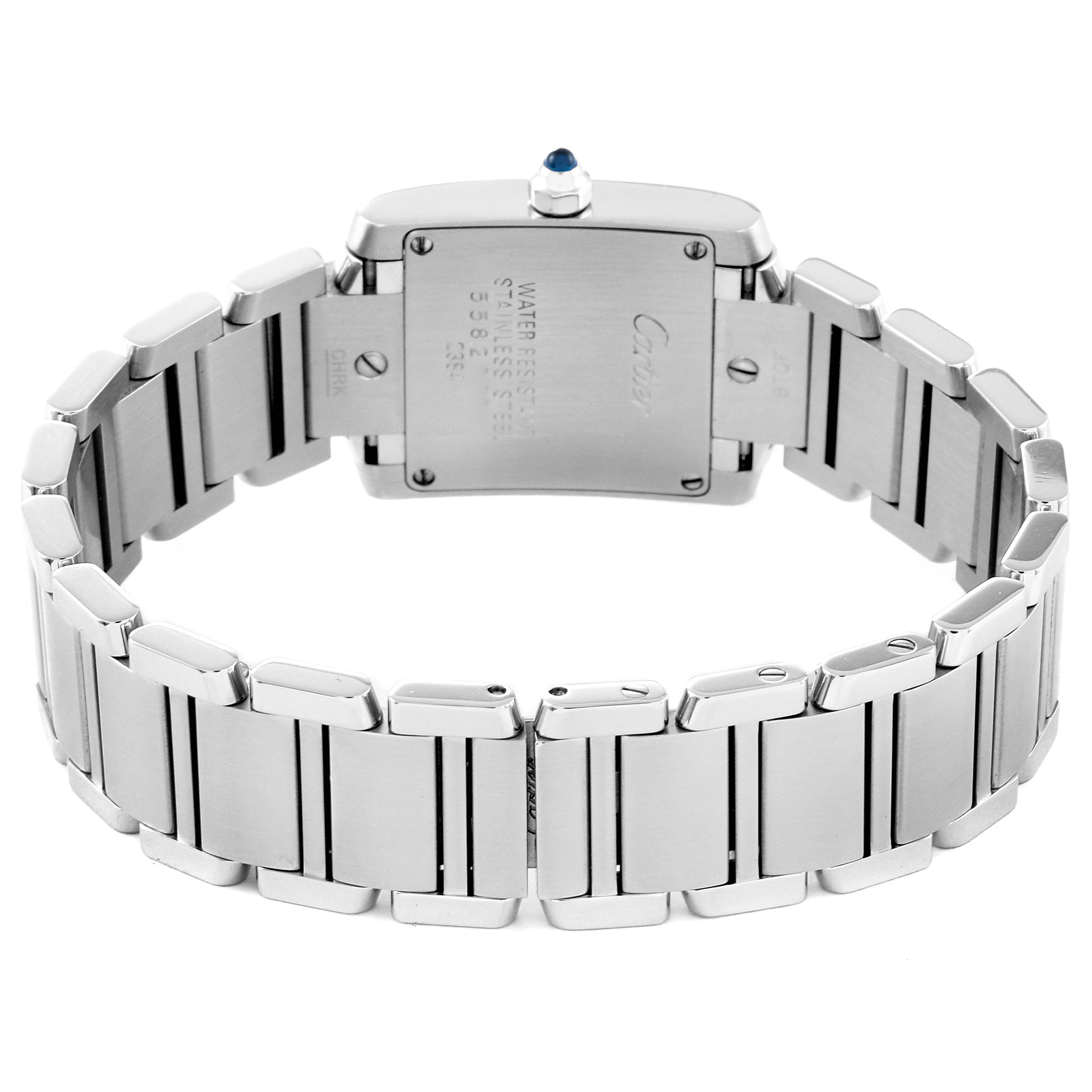The image shows the back of a Cartier Tank Francaise W51008Q3 Women's Stainless Steel Silver Dial W51008Q3 Women's Stainless Steel Silver Dial watch, highlighting its stainless steel bracelet and case back.