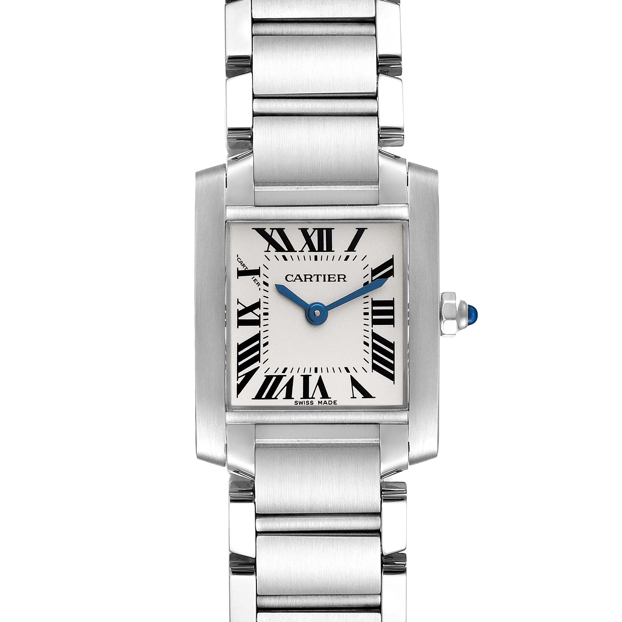 The image shows a head-on view of the Cartier Tank Française watch, displaying its face, bracelet, and crown.