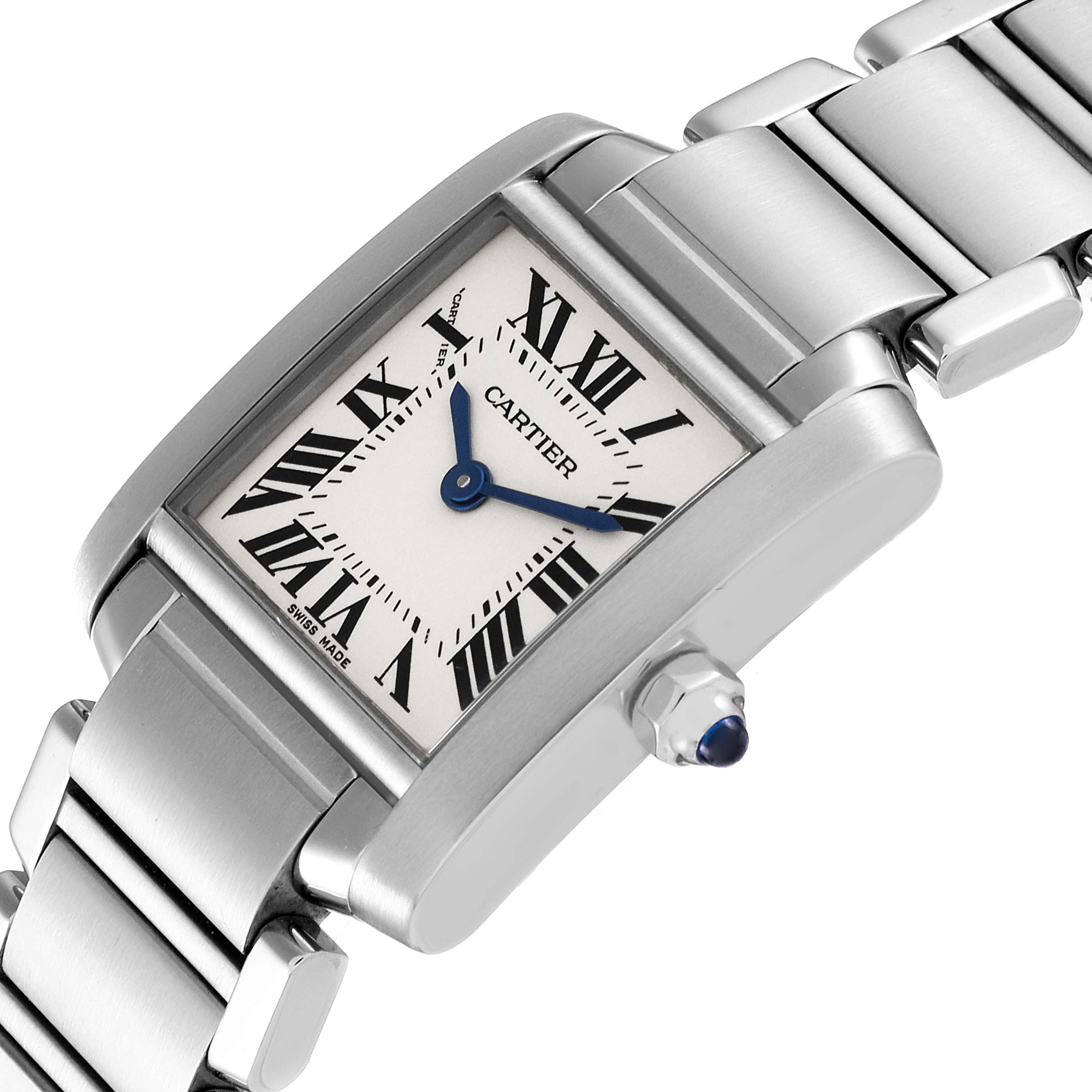 The image shows a Tank Française watch by Cartier at an angled view highlighting the face, bracelet, and crown.