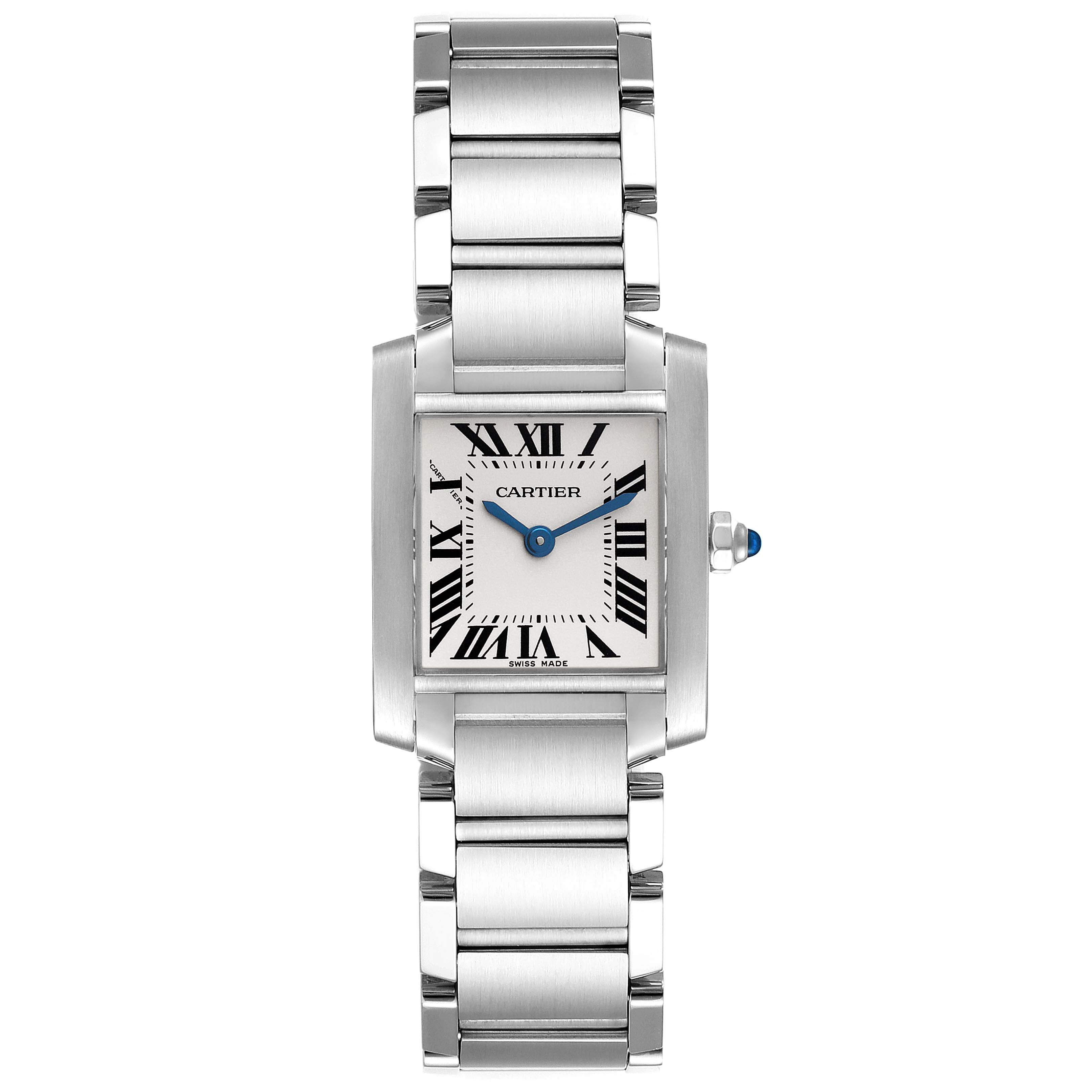 This image shows a full frontal view of the Cartier Tank Francaise W51008Q3 Women's Stainless Steel Silver Dial W51008Q3 Women's Stainless Steel Silver Dial watch, displaying its square face, Roman numerals, and metal bracelet.