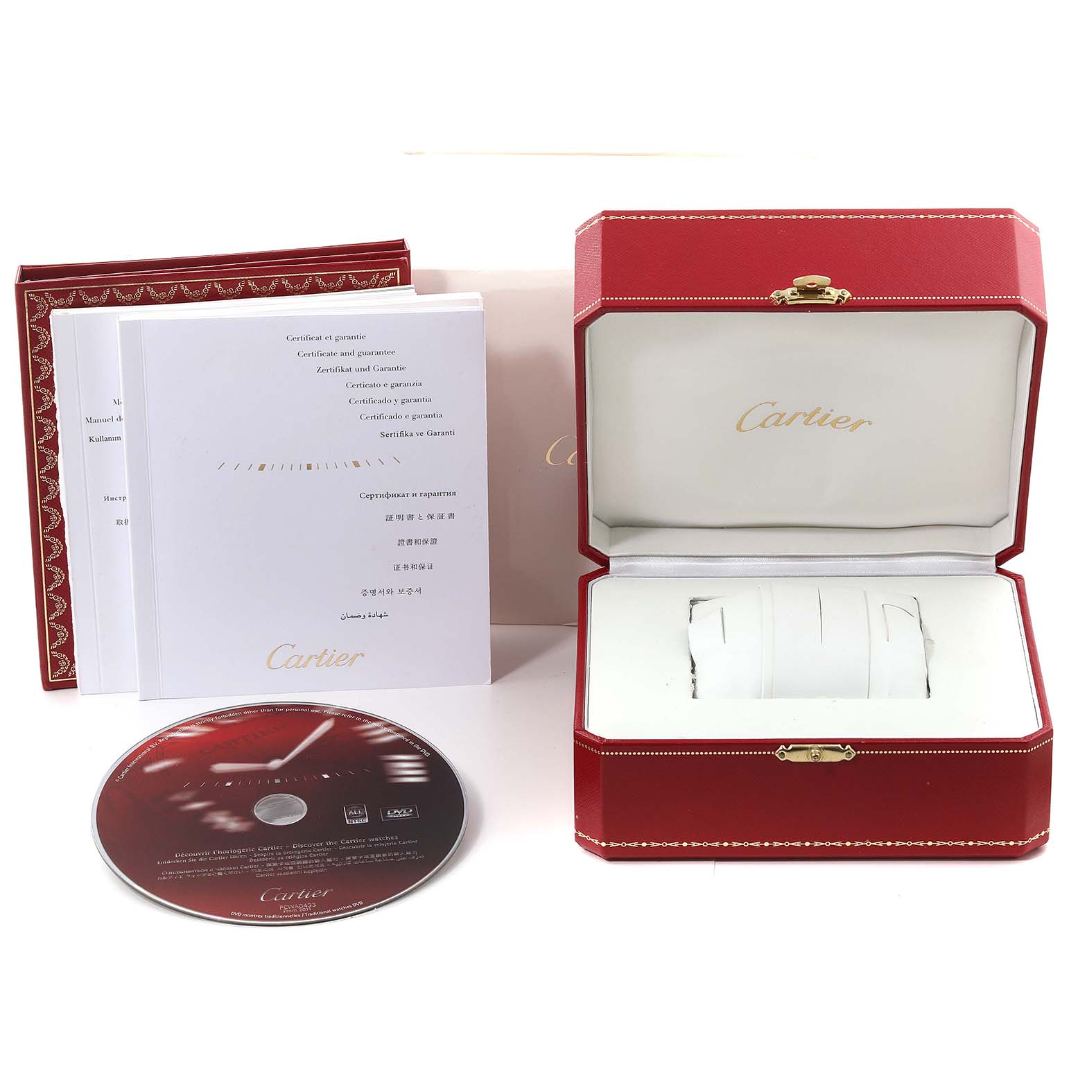 The image shows the packaging, manual, a CD, and an open box with a cushion for the Cartier Tank Francaise W51008Q3 Women's Stainless Steel Silver Dial W51008Q3 Women's Stainless Steel Silver Dial watch.