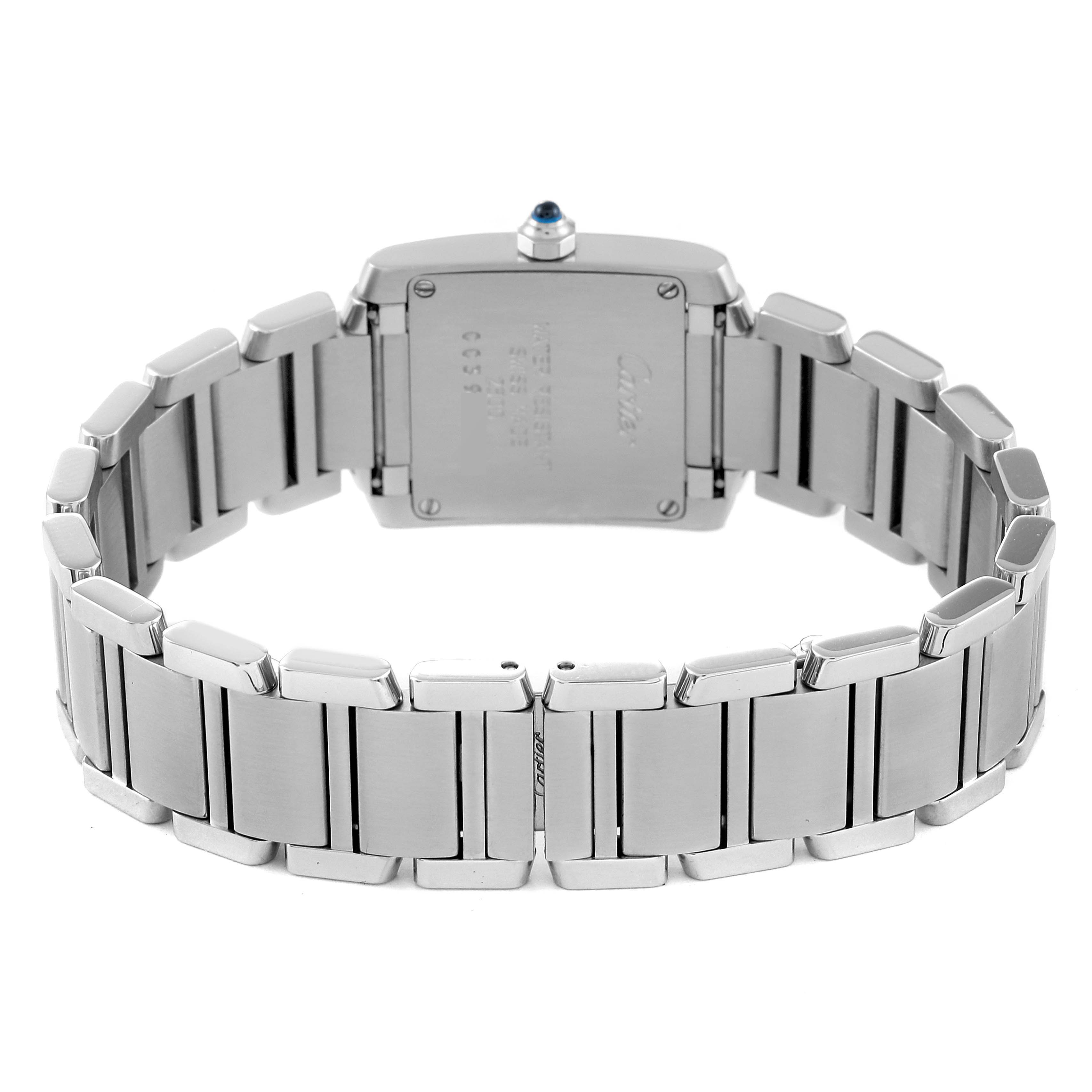 The image shows the back view of the Cartier Tank Francaise W51008Q3 Women's Stainless Steel Silver Dial W51008Q3 Women's Stainless Steel Silver Dial watch, highlighting its stainless steel bracelet and case back.