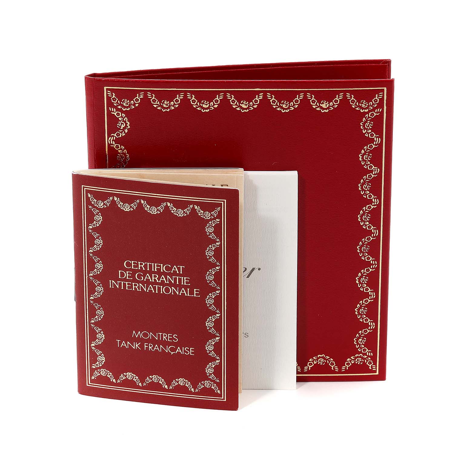 The image shows the warranty booklet and documents for a Cartier Tank Française watch.