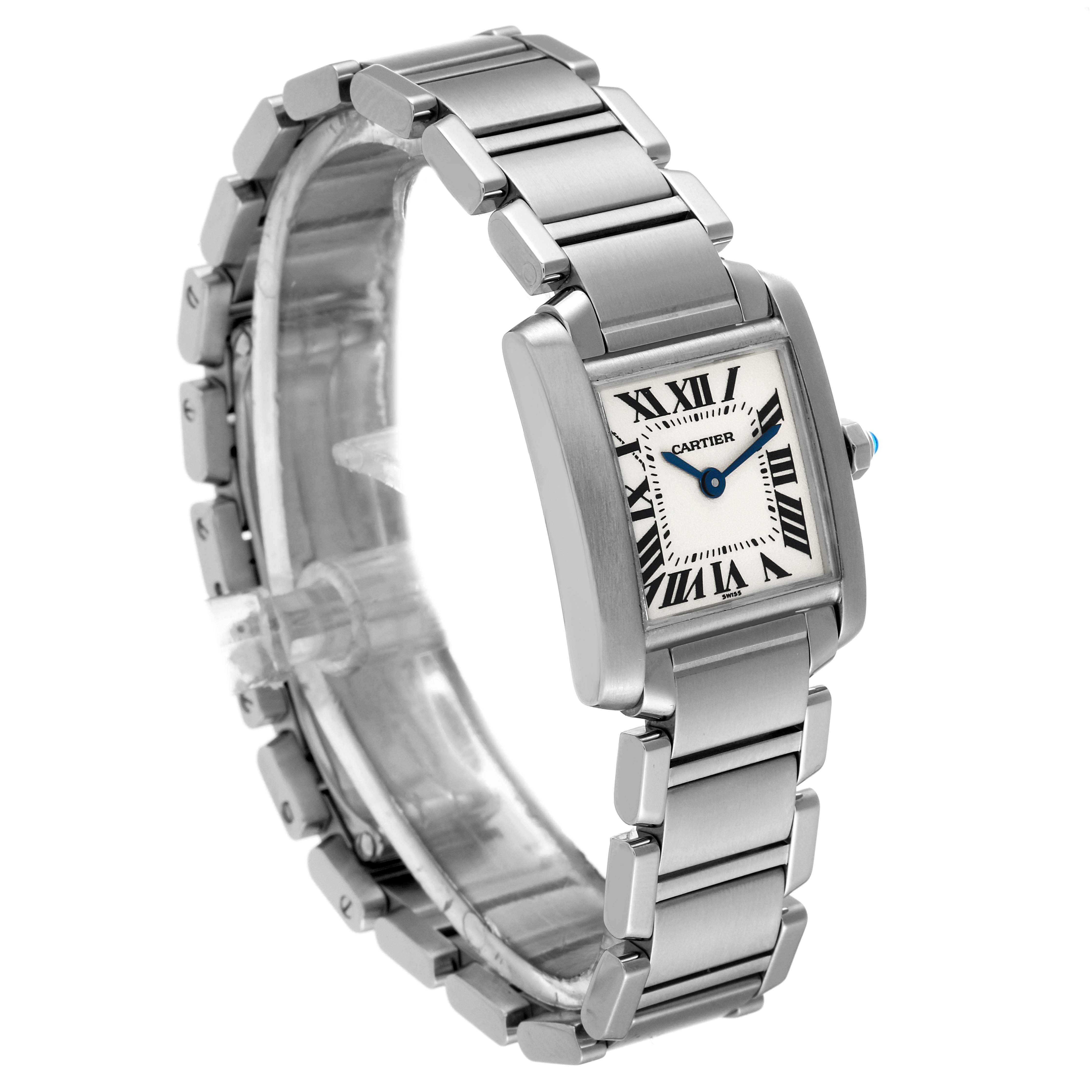 This image shows a Cartier Tank Francaise W51008Q3 Women's Stainless Steel Silver Dial W51008Q3 Women's Stainless Steel Silver Dial model watch at a slight angle, displaying the face, hour markers, and metal bracelet.
