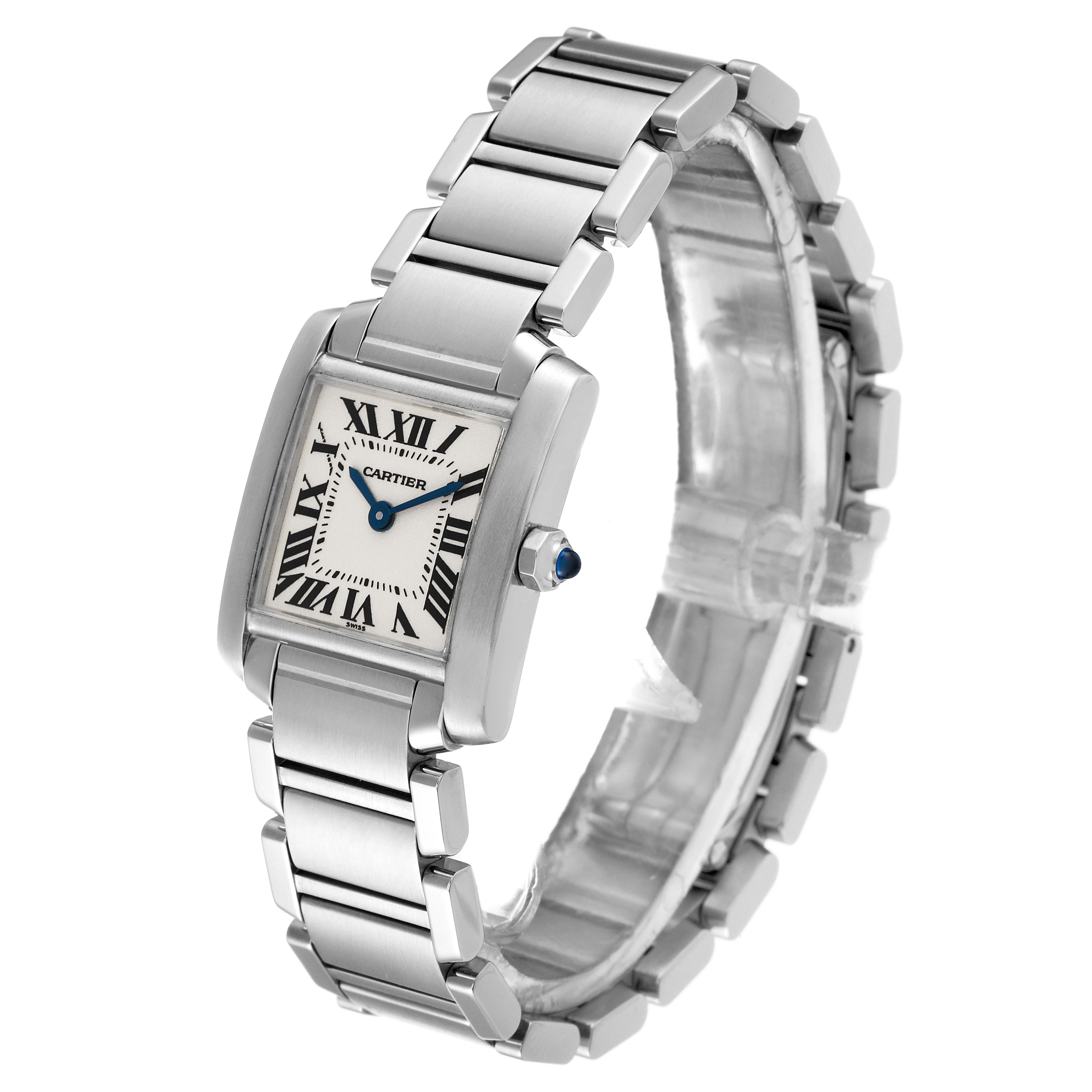 The image shows a Cartier Tank Francaise W51008Q3 Women's Stainless Steel Silver Dial W51008Q3 Women's Stainless Steel Silver Dial watch, angled to display its rectangular dial, bracelet, and side crown.