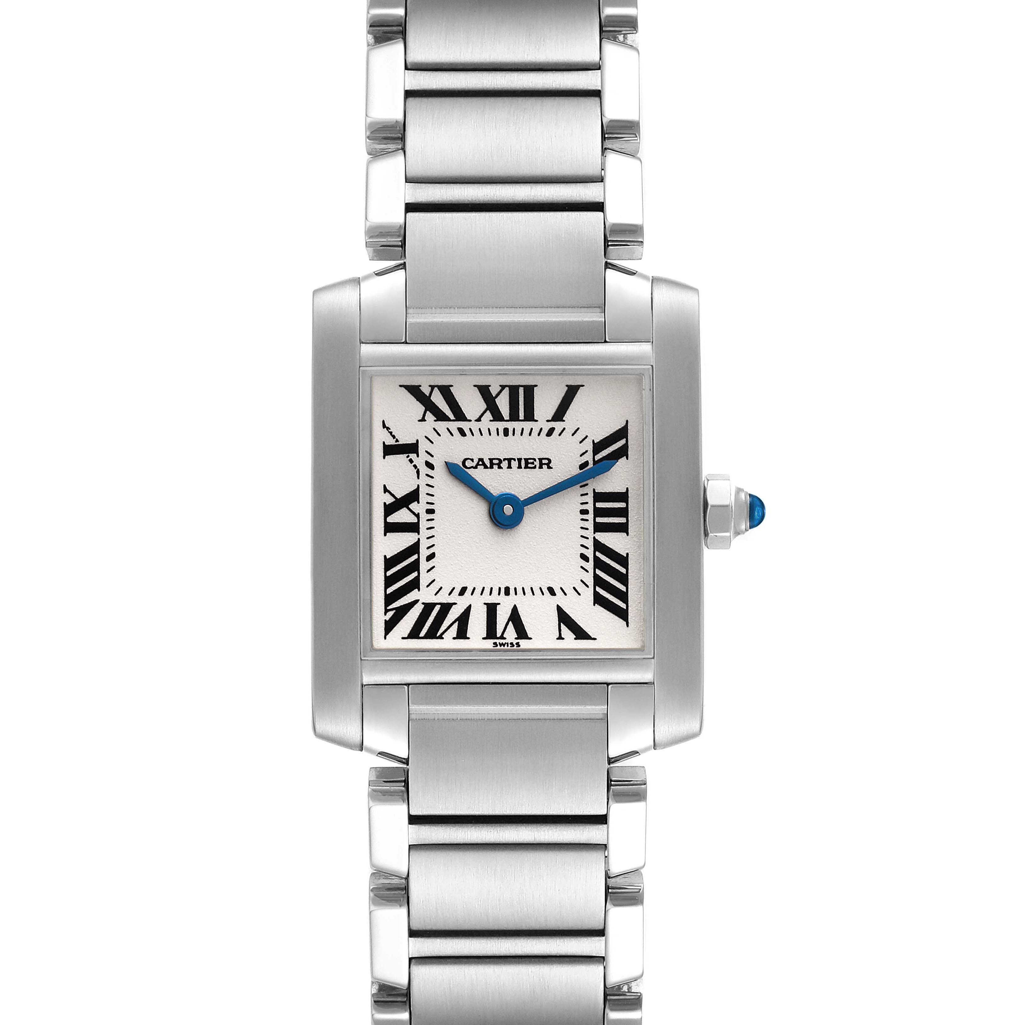 This image showcases a Cartier Tank Francaise W51008Q3 Women's Stainless Steel Silver Dial W51008Q3 Women's Stainless Steel Silver Dial watch viewed from the front, highlighting its face, bracelet, and crown.