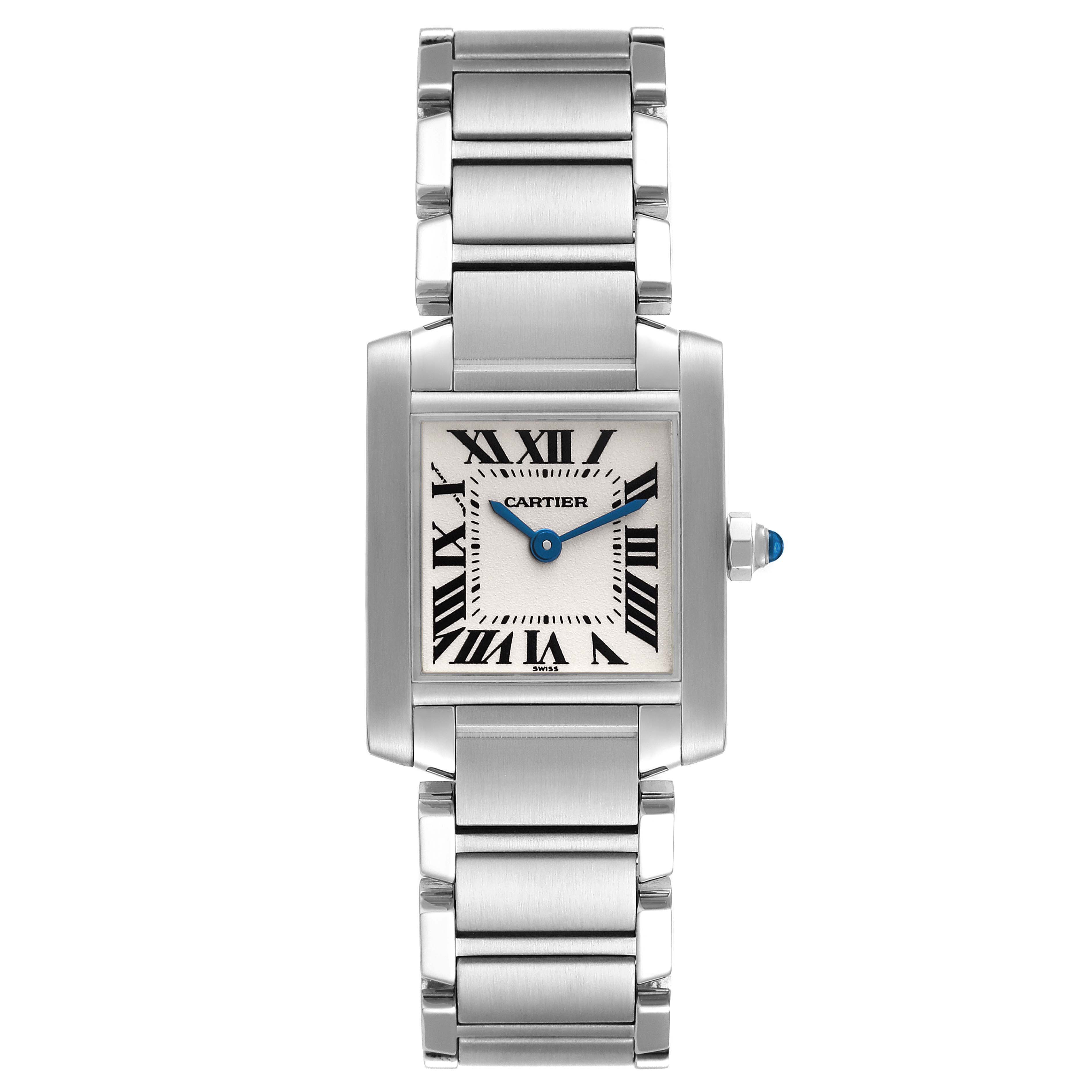 The image shows a frontal view of a Cartier Tank Francaise W51008Q3 Women's Stainless Steel Silver Dial W51008Q3 Women's Stainless Steel Silver Dial watch, highlighting its face, crown, and metal bracelet.
