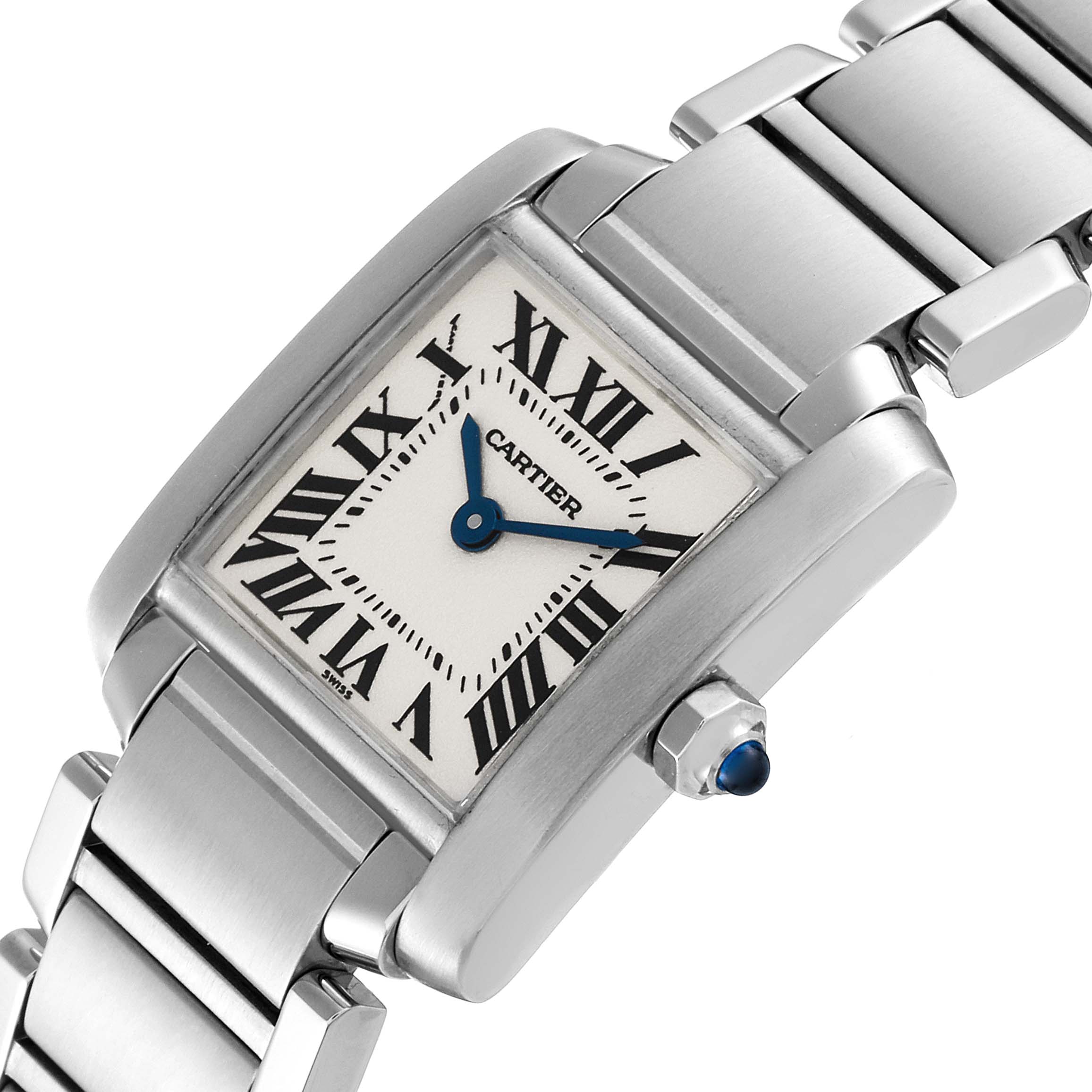 The Cartier Tank Francaise W51008Q3 Women's Stainless Steel Silver Dial W51008Q3 Women's Stainless Steel Silver Dial watch is shown from a top angle, highlighting the face, bezel, bracelet, and crown.
