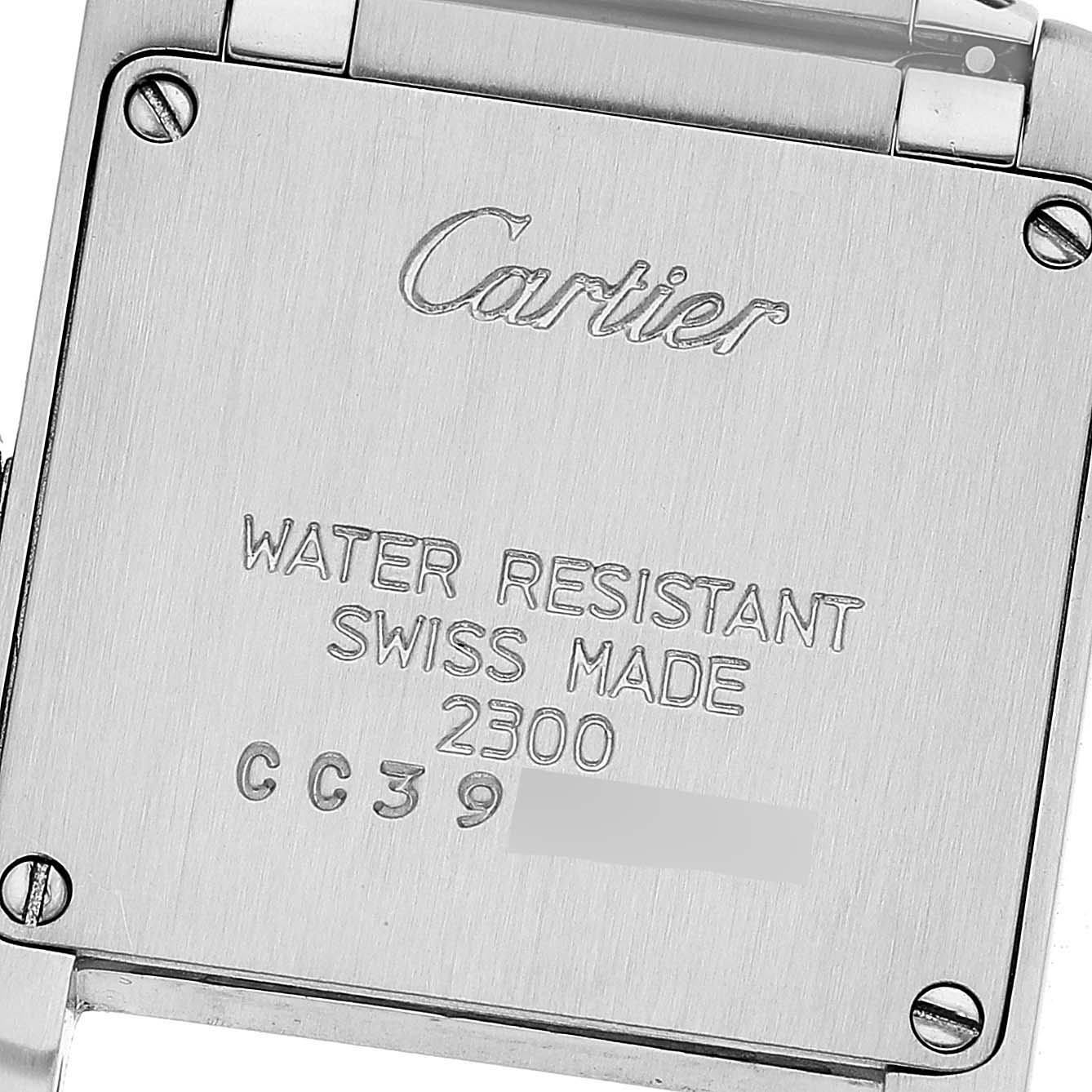 The image shows the back case of a Cartier Tank Francaise W51008Q3 Women's Stainless Steel Silver Dial W51008Q3 Women's Stainless Steel Silver Dial watch, highlighting the brand name and water resistance details.