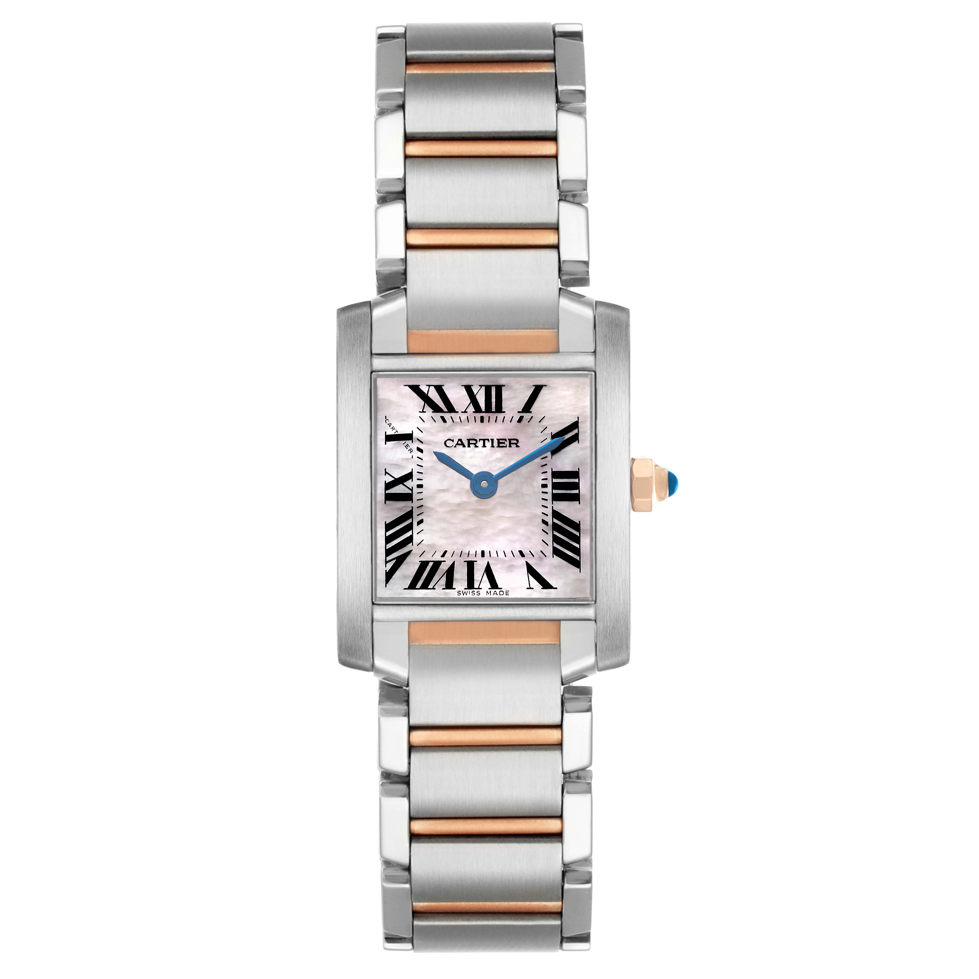 The Cartier Tank Francaise W51027Q4 Women's Stainless Steel Mother of Pearl Dial watch is shown from a front view, highlighting its face, Roman numerals, and metal bracelet.