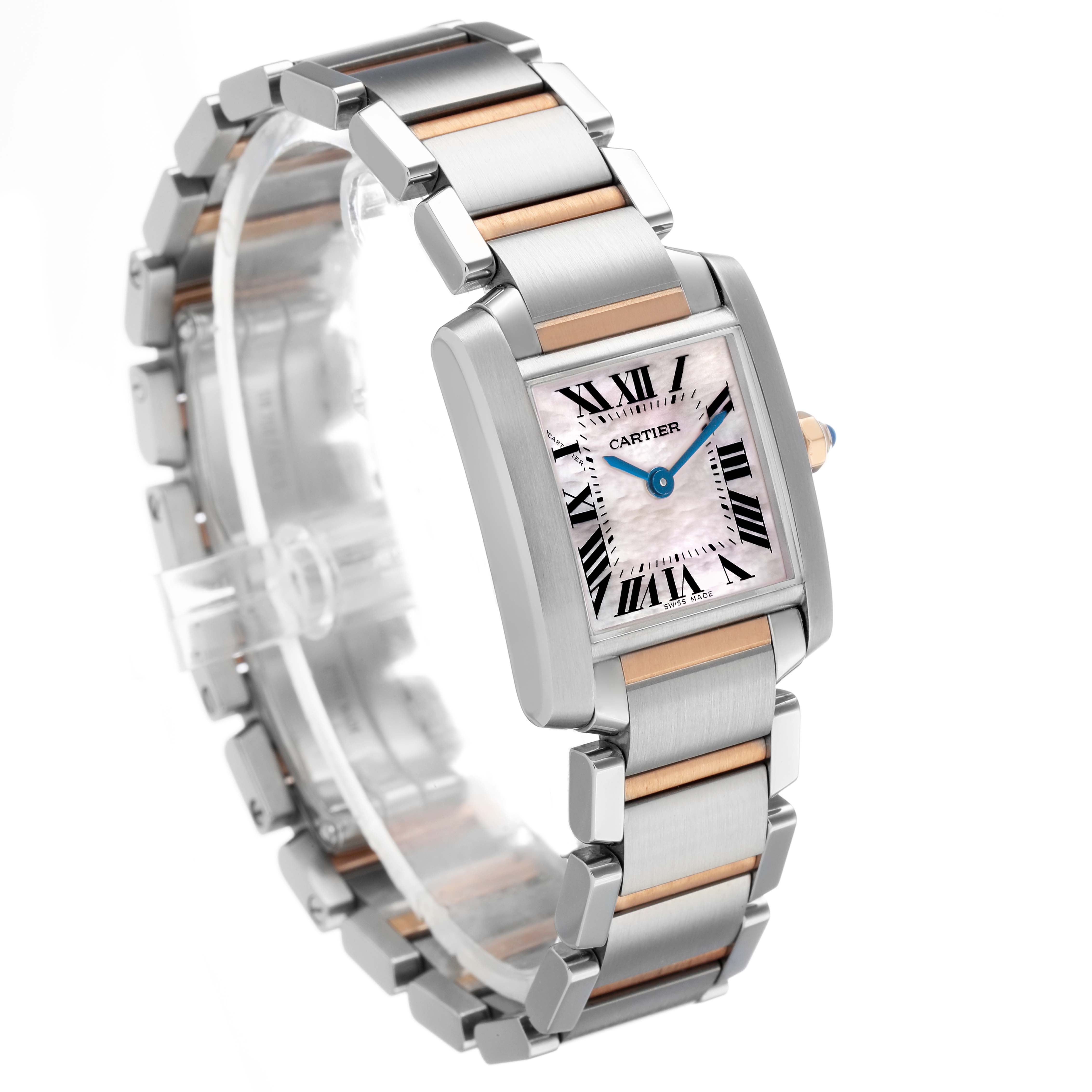 The Cartier Tank Francaise W51027Q4 Women's Stainless Steel Mother of Pearl Dial watch is shown at an angle displaying its face, bracelet, and side view.