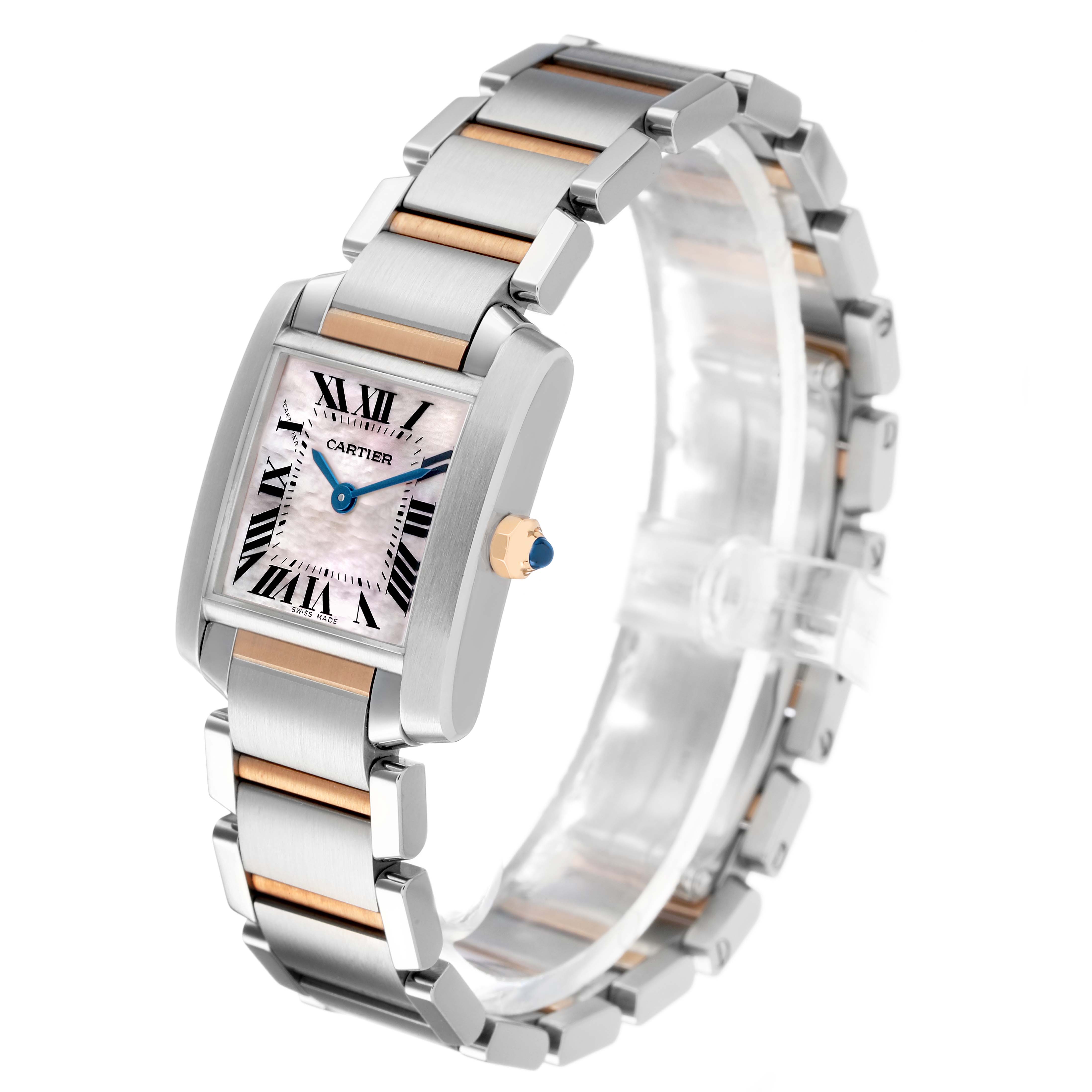 The Cartier Tank Française watch is shown at a three-quarter angle, highlighting its rectangular face and two-tone bracelet.