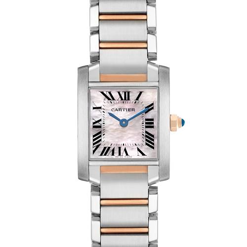 The Cartier Tank Française watch is shown from the front, highlighting its rectangular face, Roman numerals, and two-tone bracelet.
