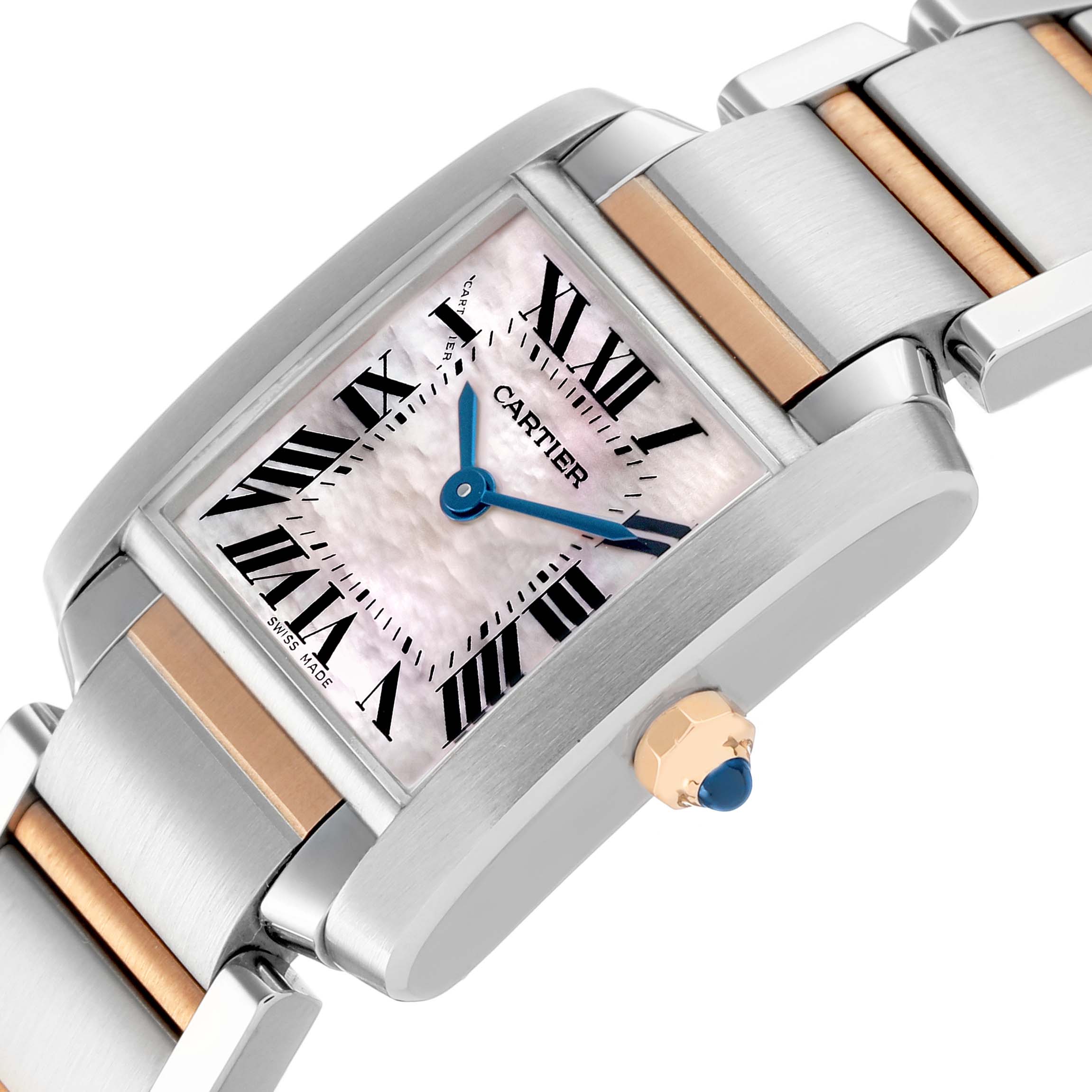 The Cartier Tank Francaise W51027Q4 Women's Stainless Steel Mother of Pearl Dial watch is shown at an angled close-up, highlighting the face, blue hands, Roman numerals, and metal bracelet.
