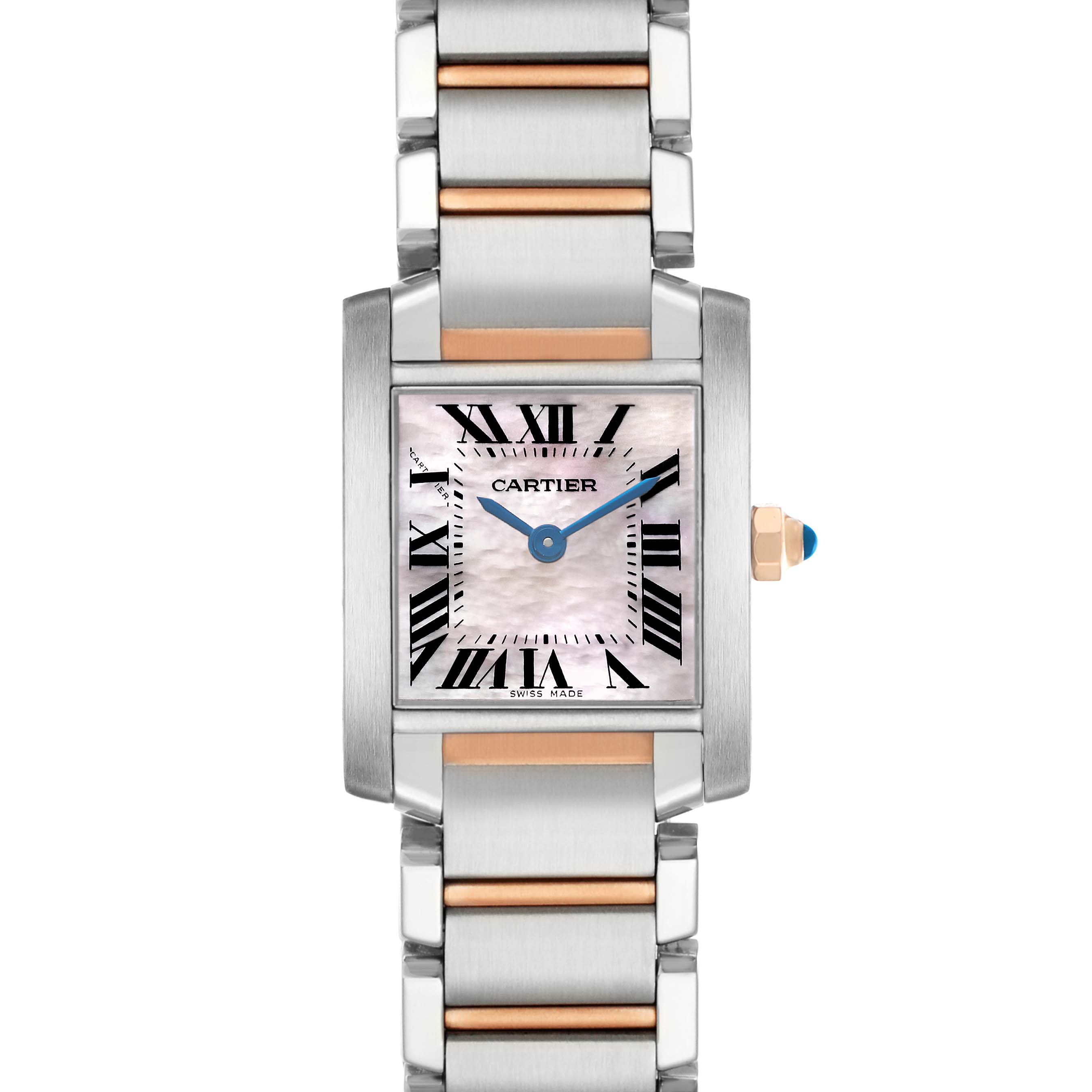 The Cartier Tank Française watch is shown from the front, highlighting its face, bracelet, and crown.