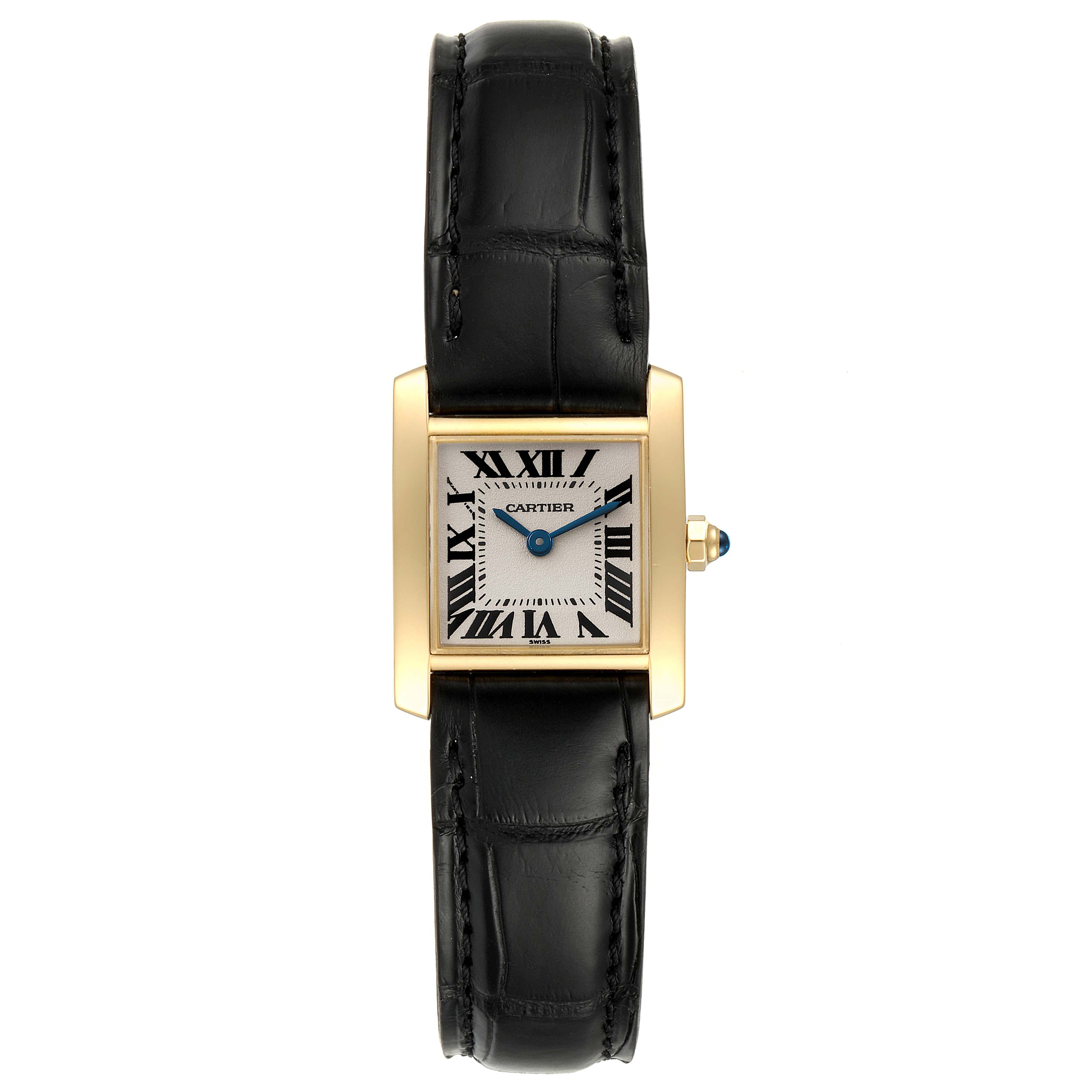 The image shows a complete front view of a Cartier Tank Française watch, featuring its rectangular dial and black leather strap.