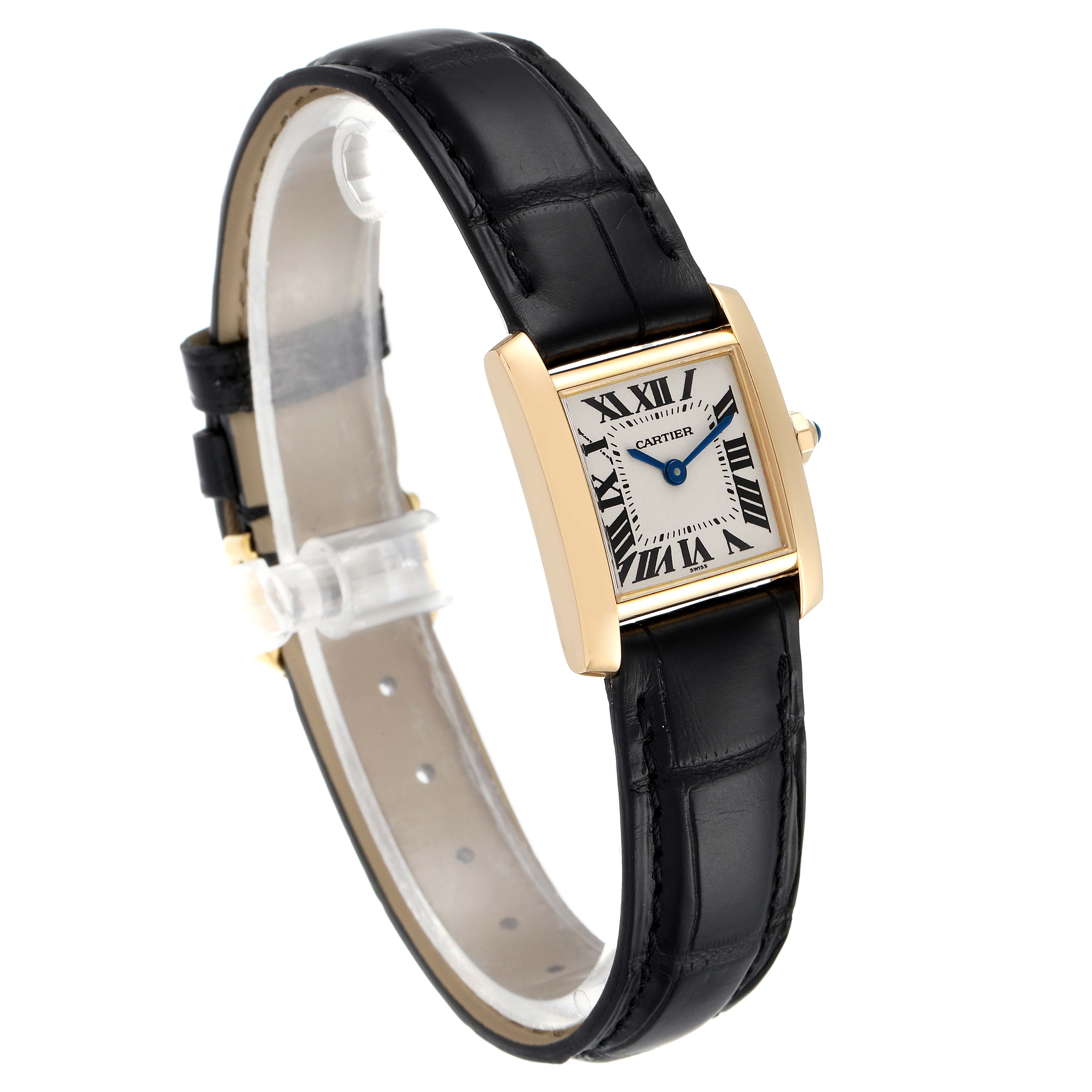 This Cartier Tank Francaise W5000256 Women's Yellow Gold Silver Dial W5000256 Women's Yellow Gold Silver Dial watch is shown at an angled front view, displaying its rectangular face and black leather strap.