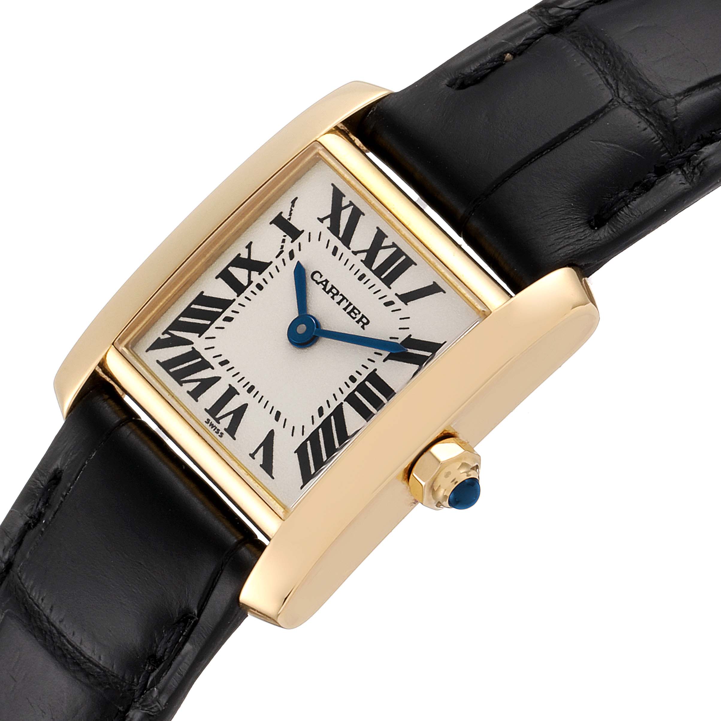 The image shows a top-down view of a Cartier Tank Francaise W5000256 Women's Yellow Gold Silver Dial W5000256 Women's Yellow Gold Silver Dial watch, highlighting the dial, black leather strap, and gold case.