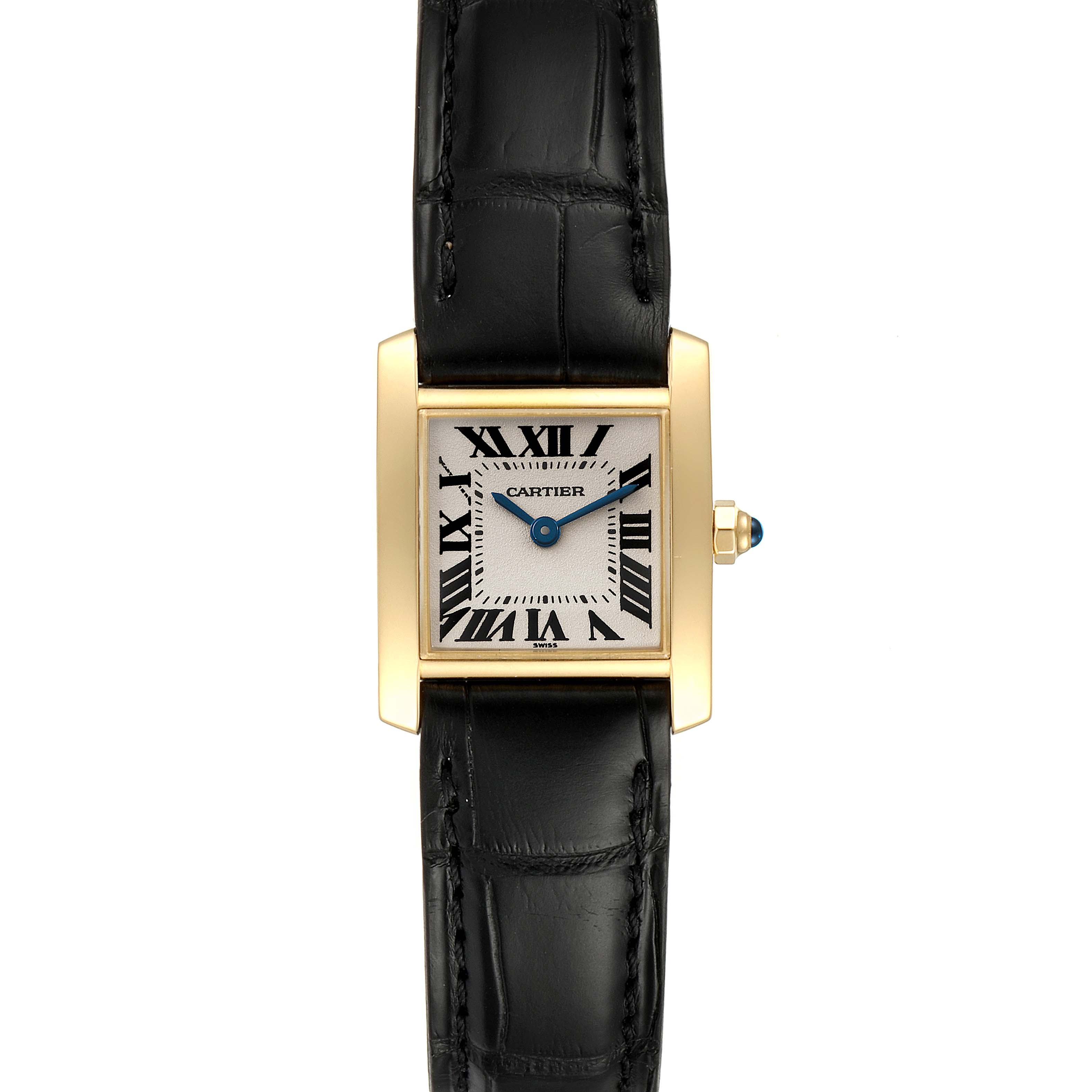 The image shows a front view of a Cartier Tank Française watch, featuring a gold case and black leather strap.