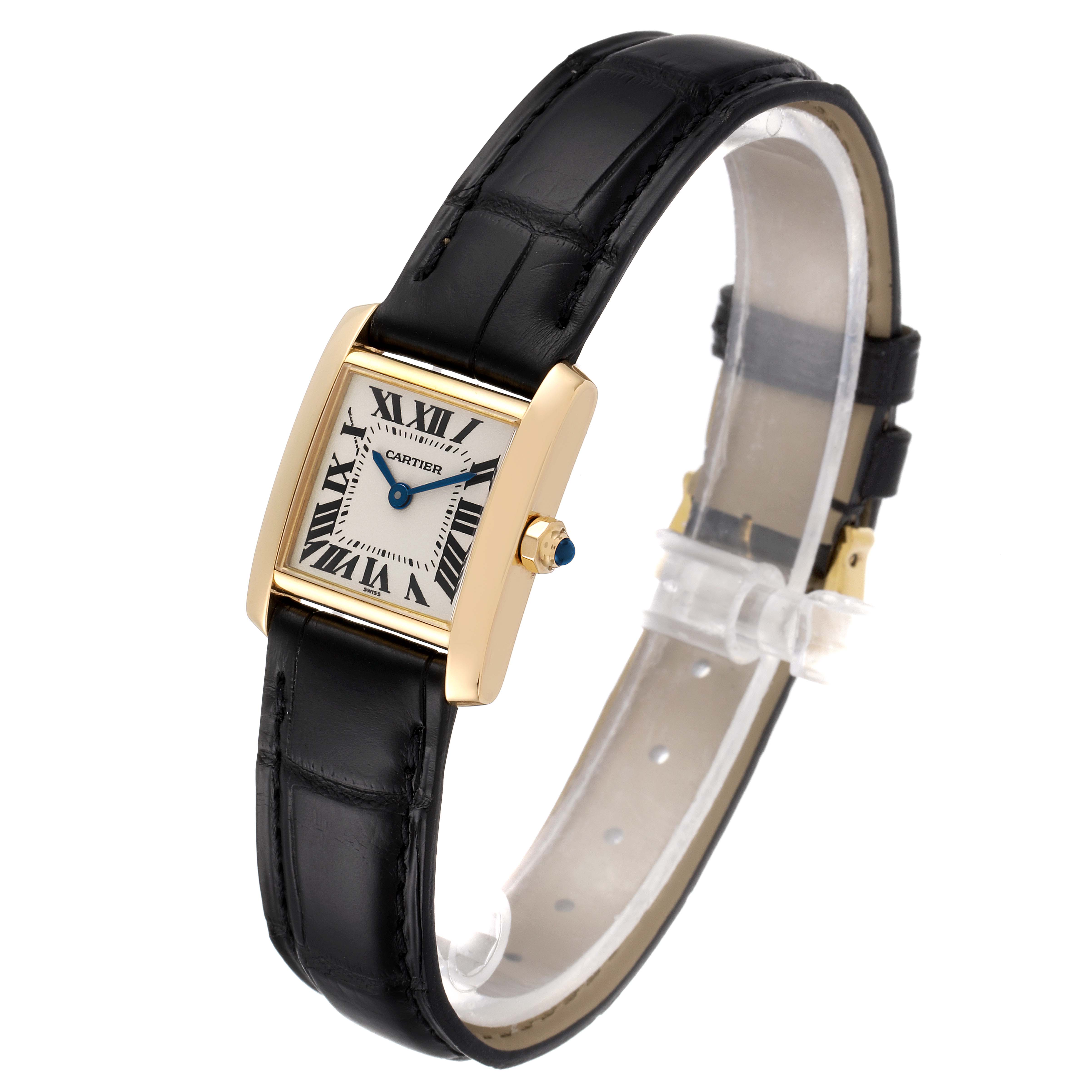 The Cartier Tank Francaise W5000256 Women's Yellow Gold Silver Dial W5000256 Women's Yellow Gold Silver Dial watch is shown at an angle highlighting its rectangular dial, black leather strap, and gold casing.