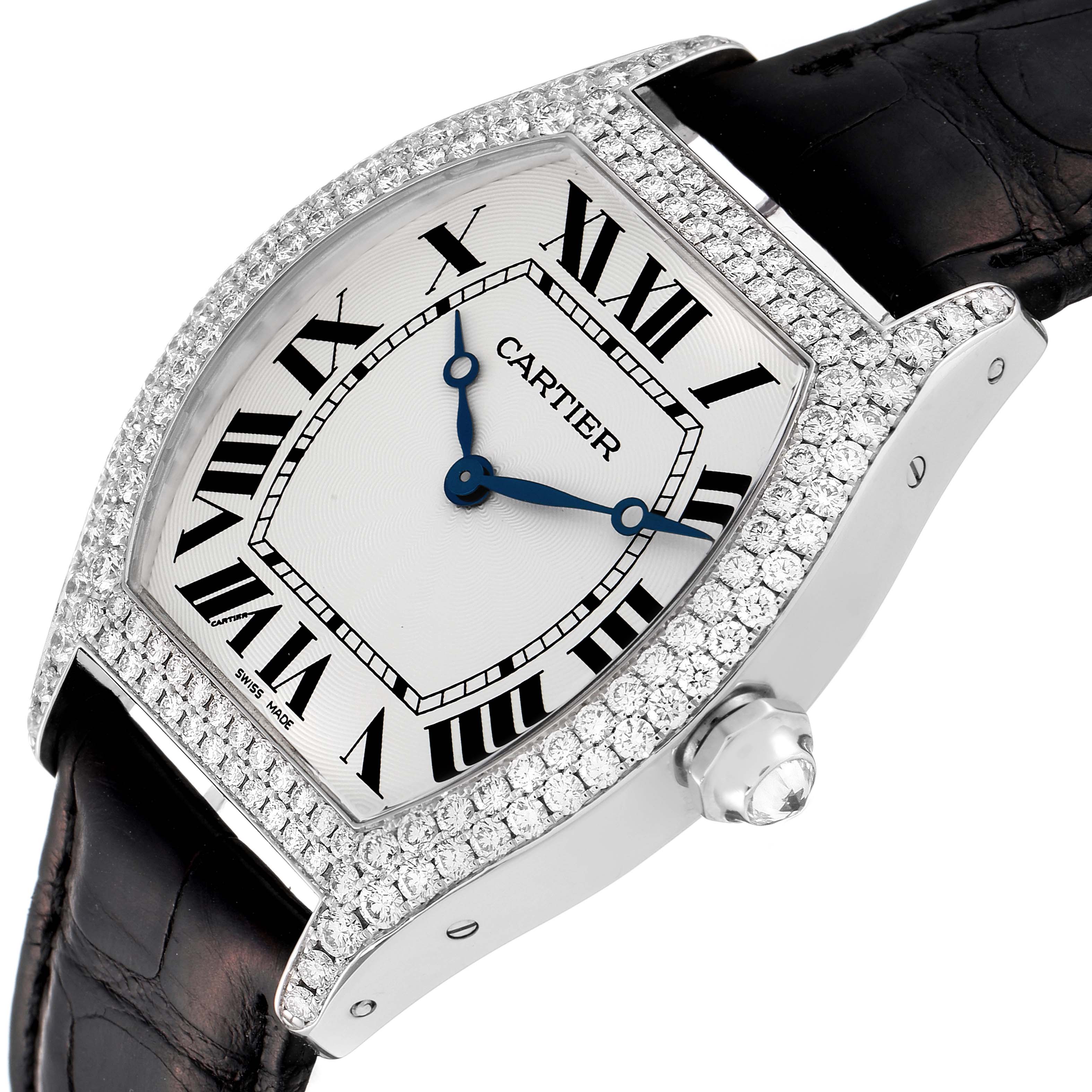 The image shows a Cartier Tortue WA503851 Men
s White Gold Silver Dial WA503851 Men
s White Gold Silver Dial watch at a slightly tilted angle, highlighting the face, bezel, crown, and leather strap.