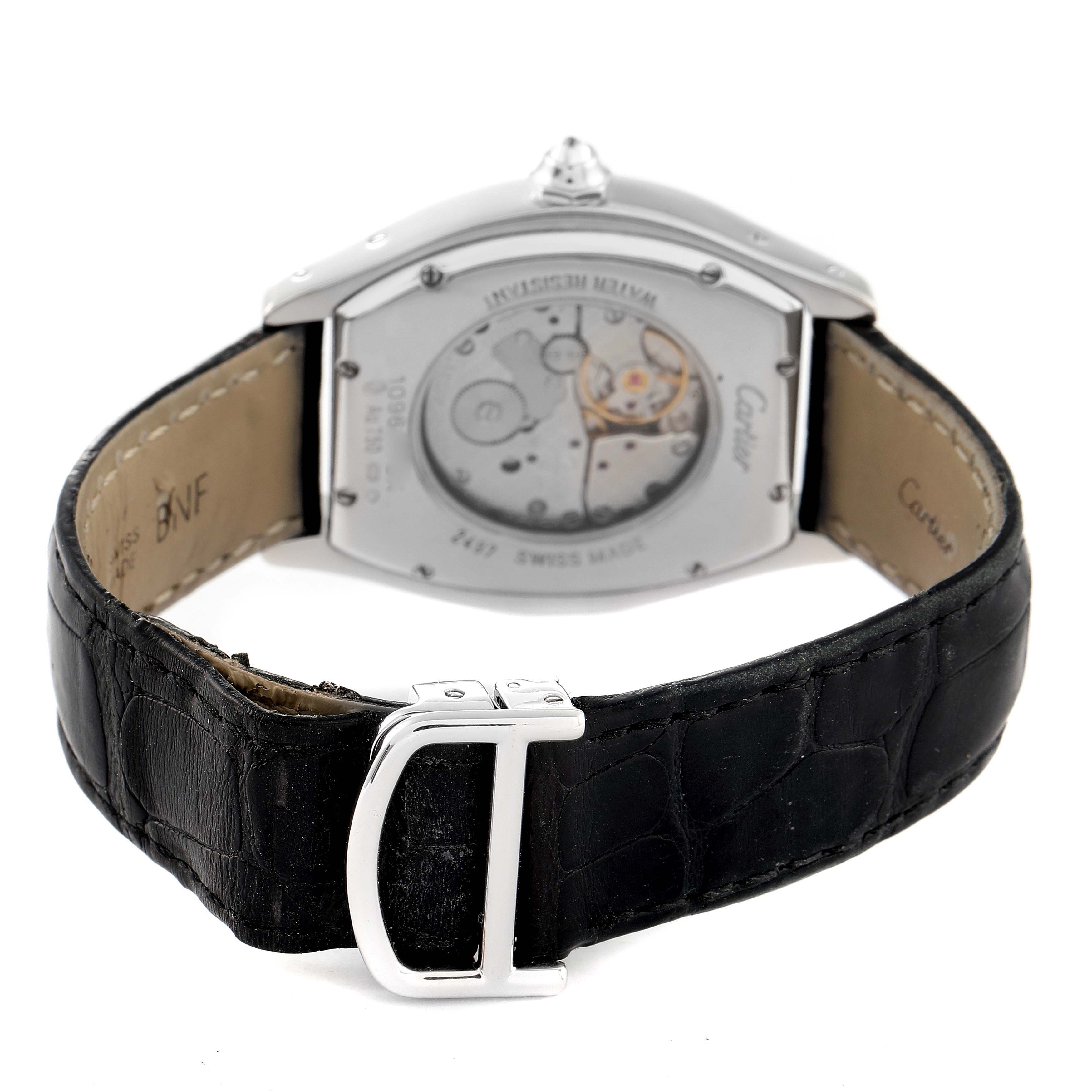 The image shows the back view of a Cartier Tortue WA503851 Men
s White Gold Silver Dial WA503851 Men
s White Gold Silver Dial watch, focusing on the movement and black leather strap with a buckle.