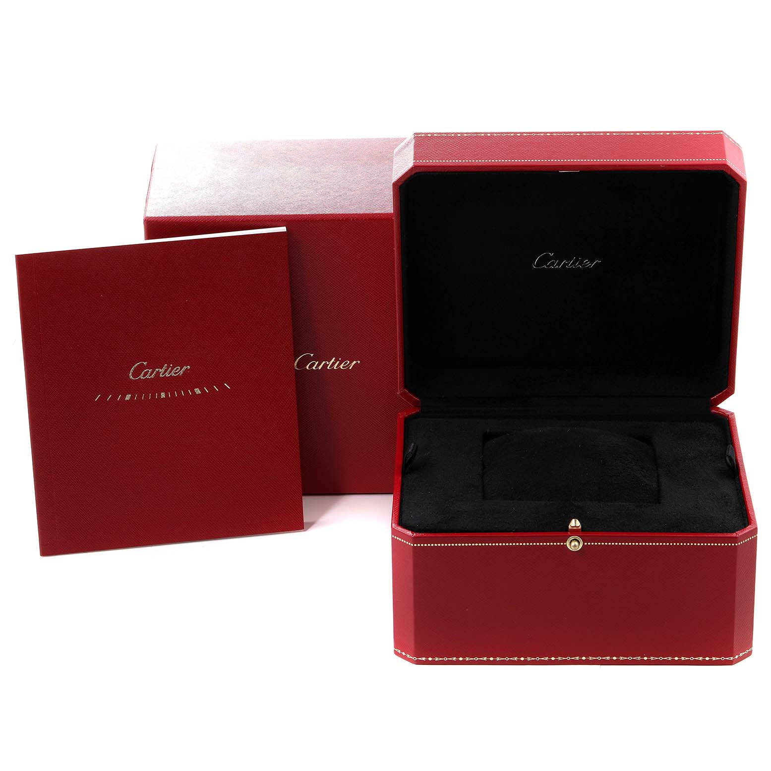 The image shows the Cartier Tortue WA503851 Men
s White Gold Silver Dial WA503851 Men
s White Gold Silver Dial watch’s red and gold packaging, including an opened box and accompanying booklet.