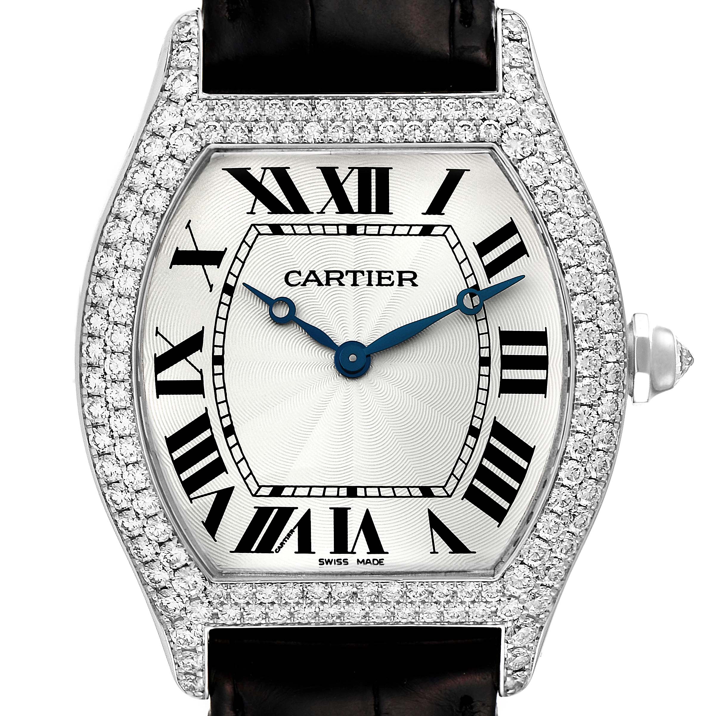This image shows a close-up of the face and bezel of the Cartier Tortue WA503851 Men
s White Gold Silver Dial WA503851 Men
s White Gold Silver Dial watch, highlighting its diamond-encrusted frame and Roman numerals.
