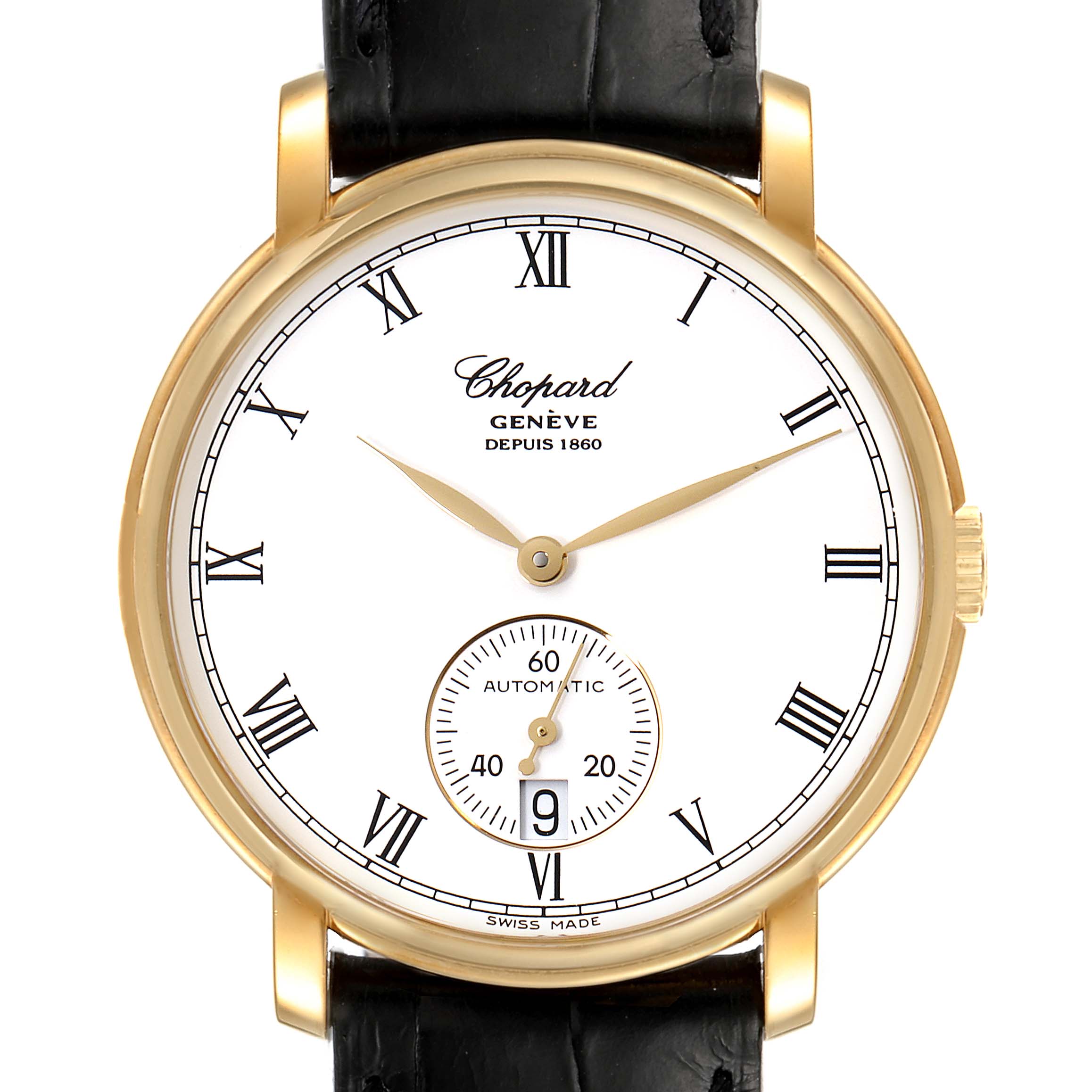 The image shows a front view of a Chopard Classique 16/1223 Men's Yellow Gold White Dial 16/1223 Men's Yellow Gold White Dial watch, highlighting the dial, hands, subdial, and part of the strap.