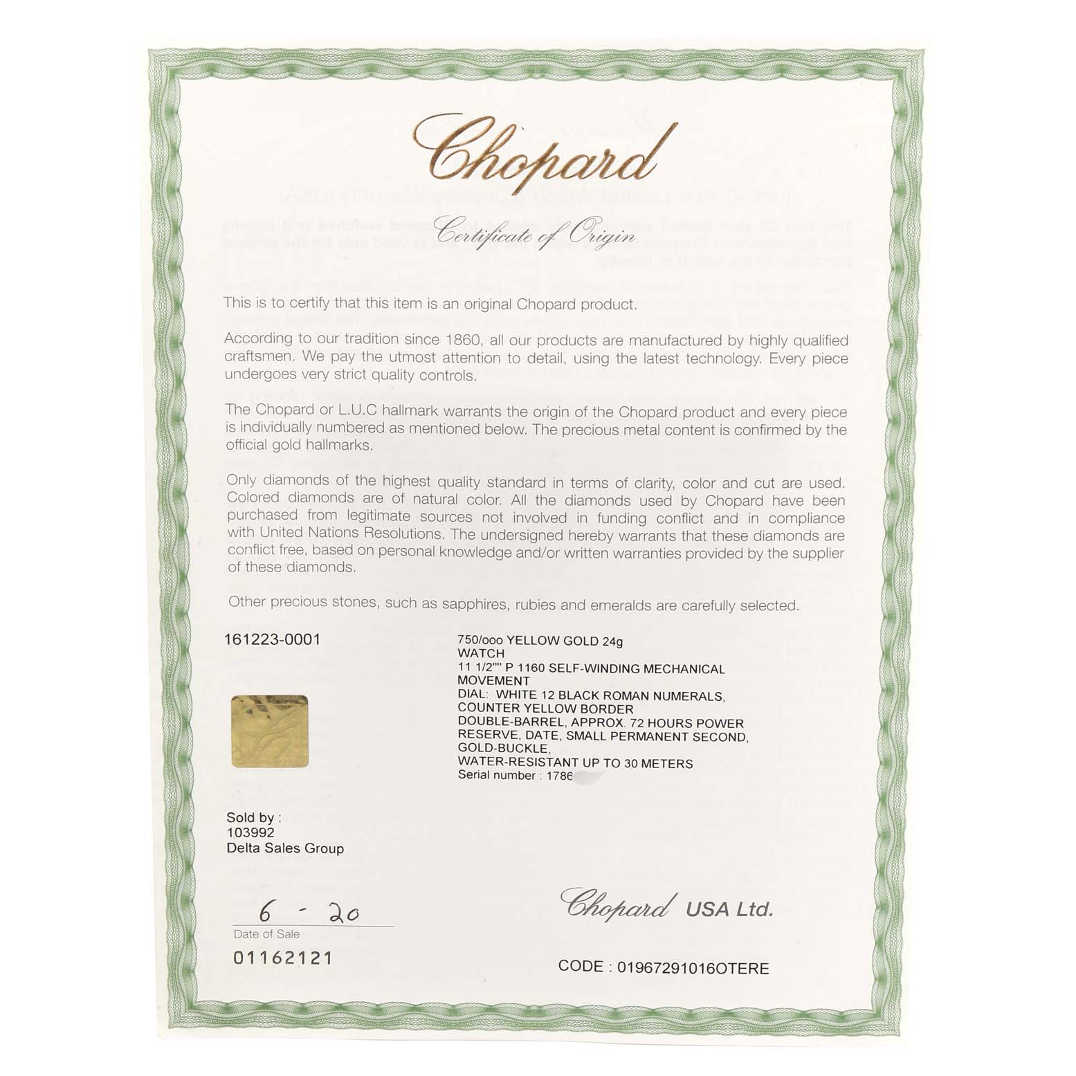 This image shows a certificate of origin for a Chopard Classique 16/1223 Men's Yellow Gold White Dial 16/1223 Men's Yellow Gold White Dial model watch.