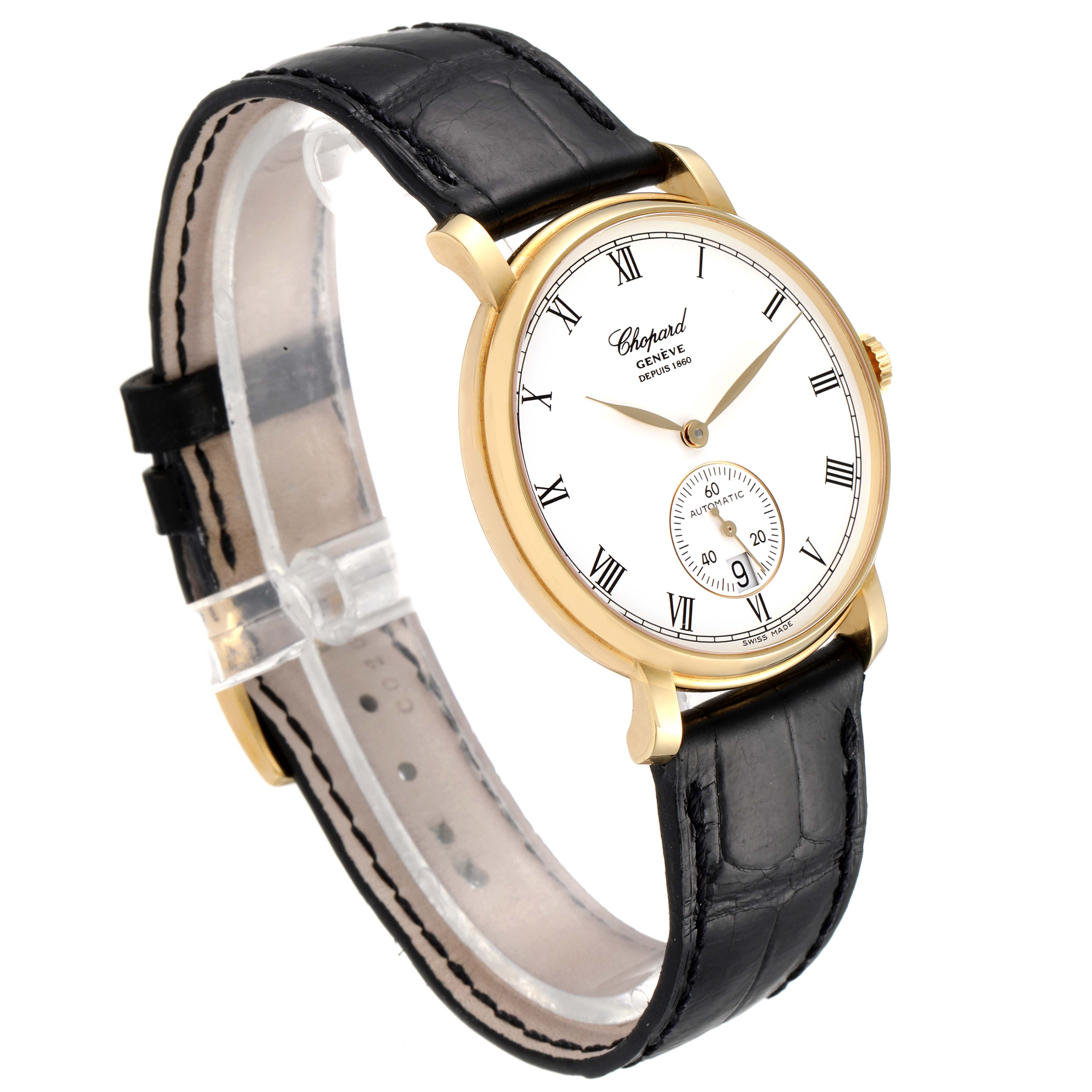 The image shows a side angle of a Chopard Classique 16/1223 Men's Yellow Gold White Dial 16/1223 Men's Yellow Gold White Dial watch, highlighting its gold case, white face with Roman numerals, and black leather strap.