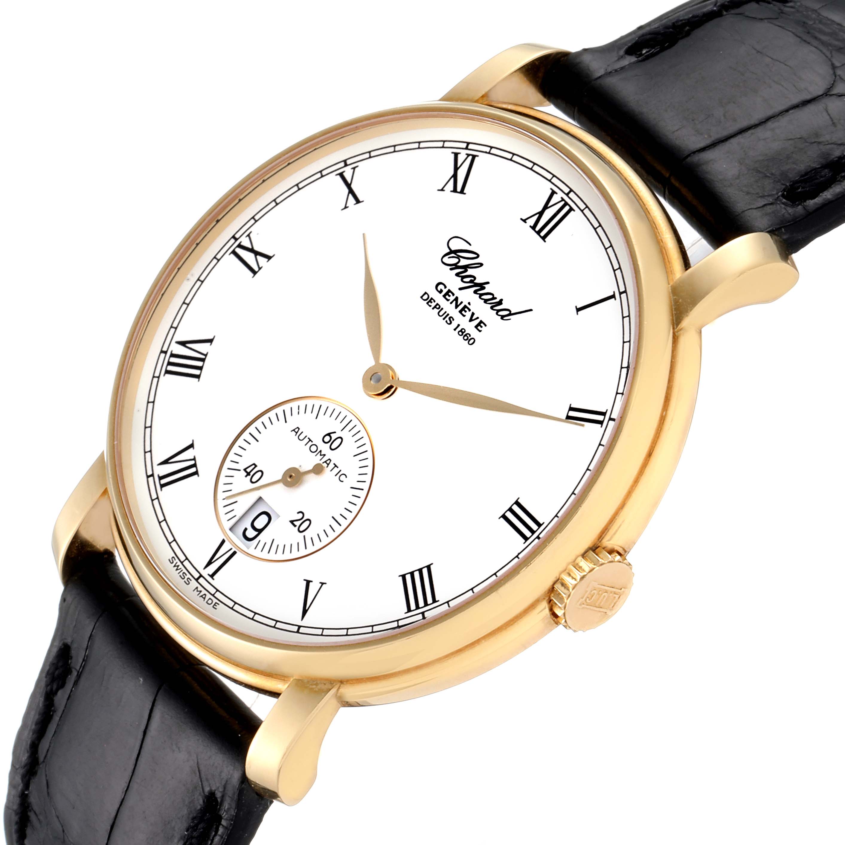 The image shows a Chopard Classique 16/1223 Men's Yellow Gold White Dial 16/1223 Men's Yellow Gold White Dial watch in a tilted angle, highlighting its dial, gold bezel, crown, and black leather strap.