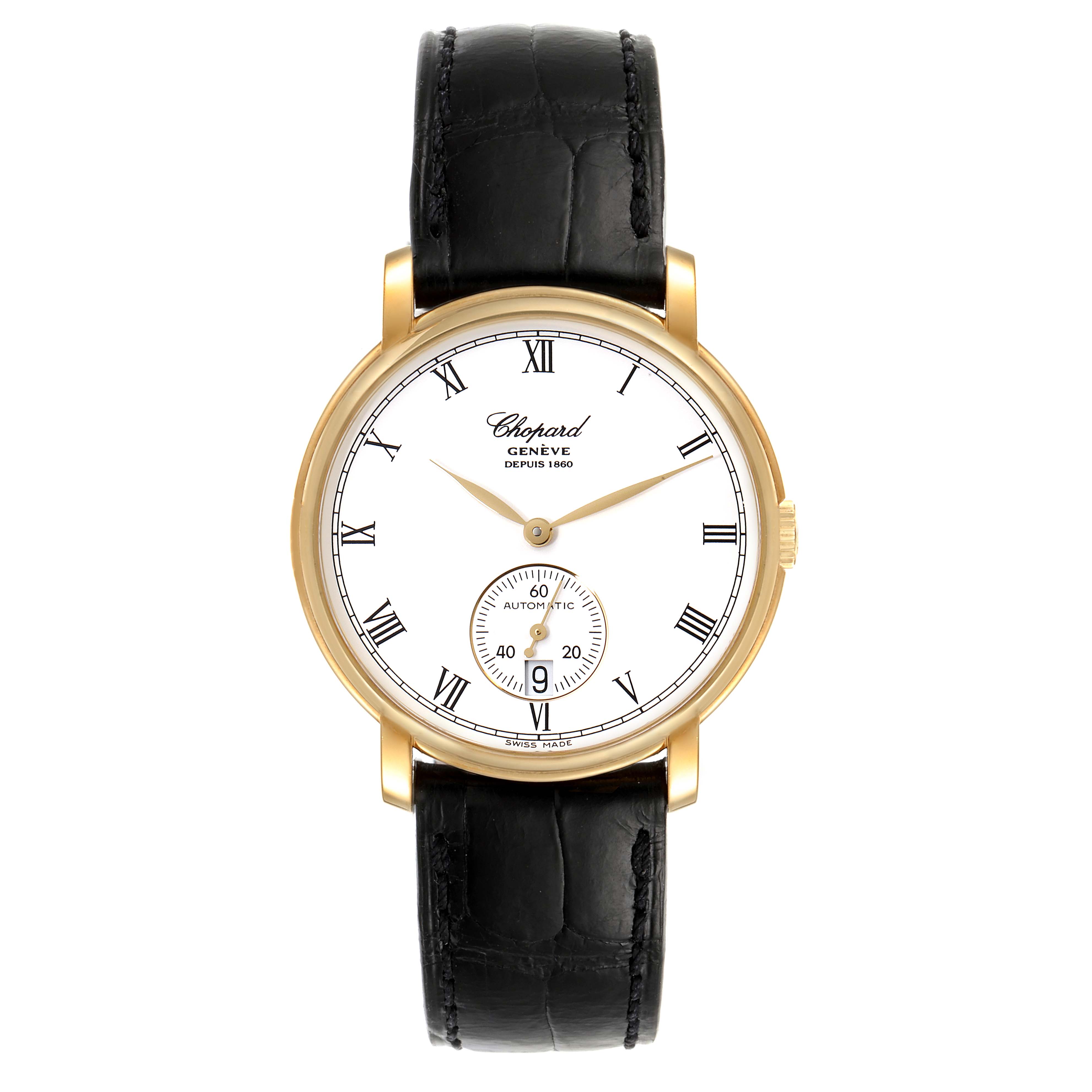 The image shows a front view of the Chopard Classique 16/1223 Men's Yellow Gold White Dial 16/1223 Men's Yellow Gold White Dial watch, highlighting its gold casing, white dial, Roman numerals, and black leather strap.