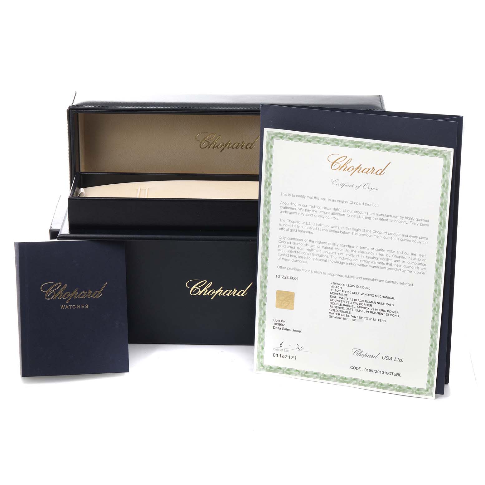 The image shows the packaging, warranty card, and manual for the Chopard Classique 16/1223 Men's Yellow Gold White Dial 16/1223 Men's Yellow Gold White Dial model watch.