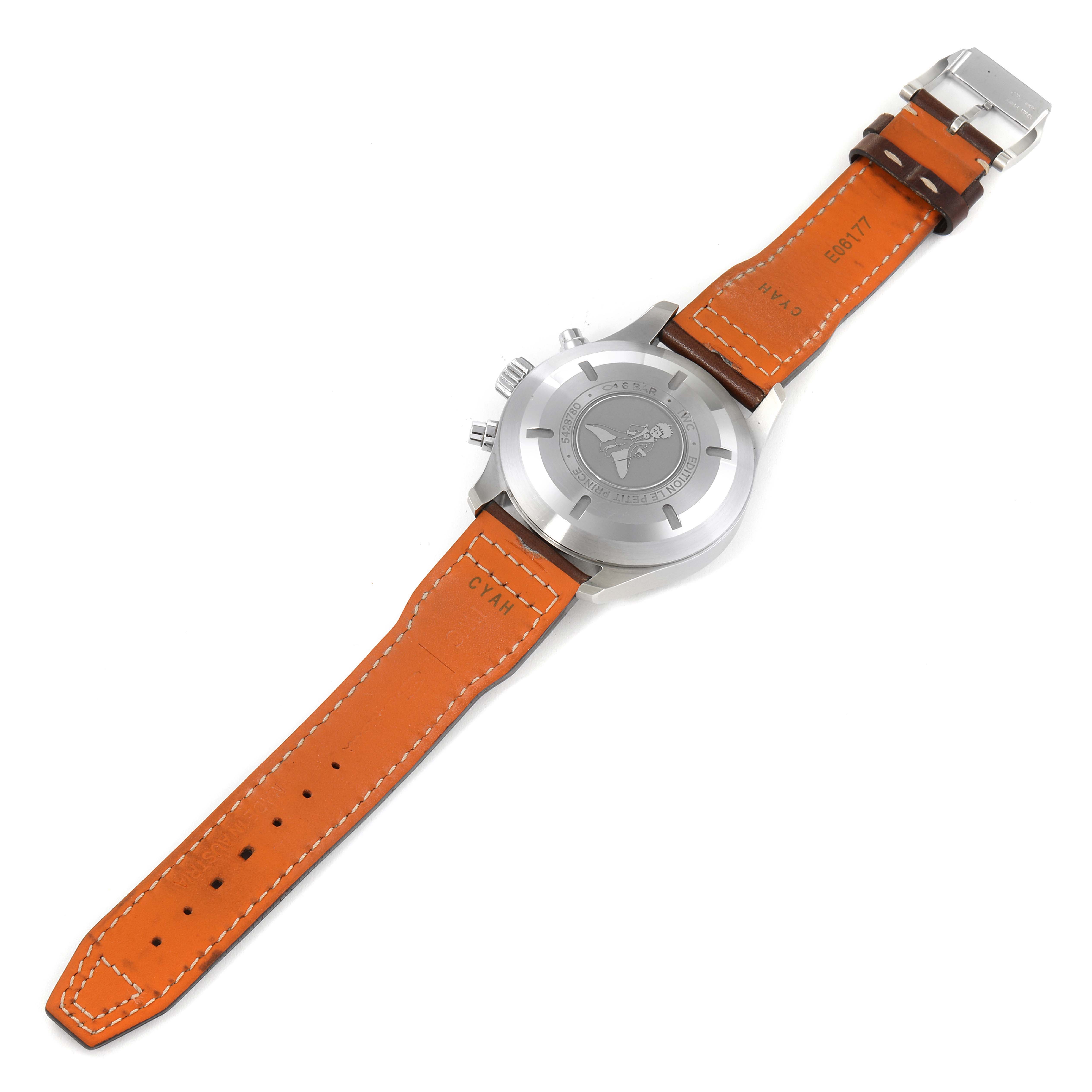 The image shows the back view of an IWC Pilot IW377714 Men's Stainless Steel Blue Dial IW377714 Men's Stainless Steel Blue Dial model watch, displaying its case back and orange leather strap.