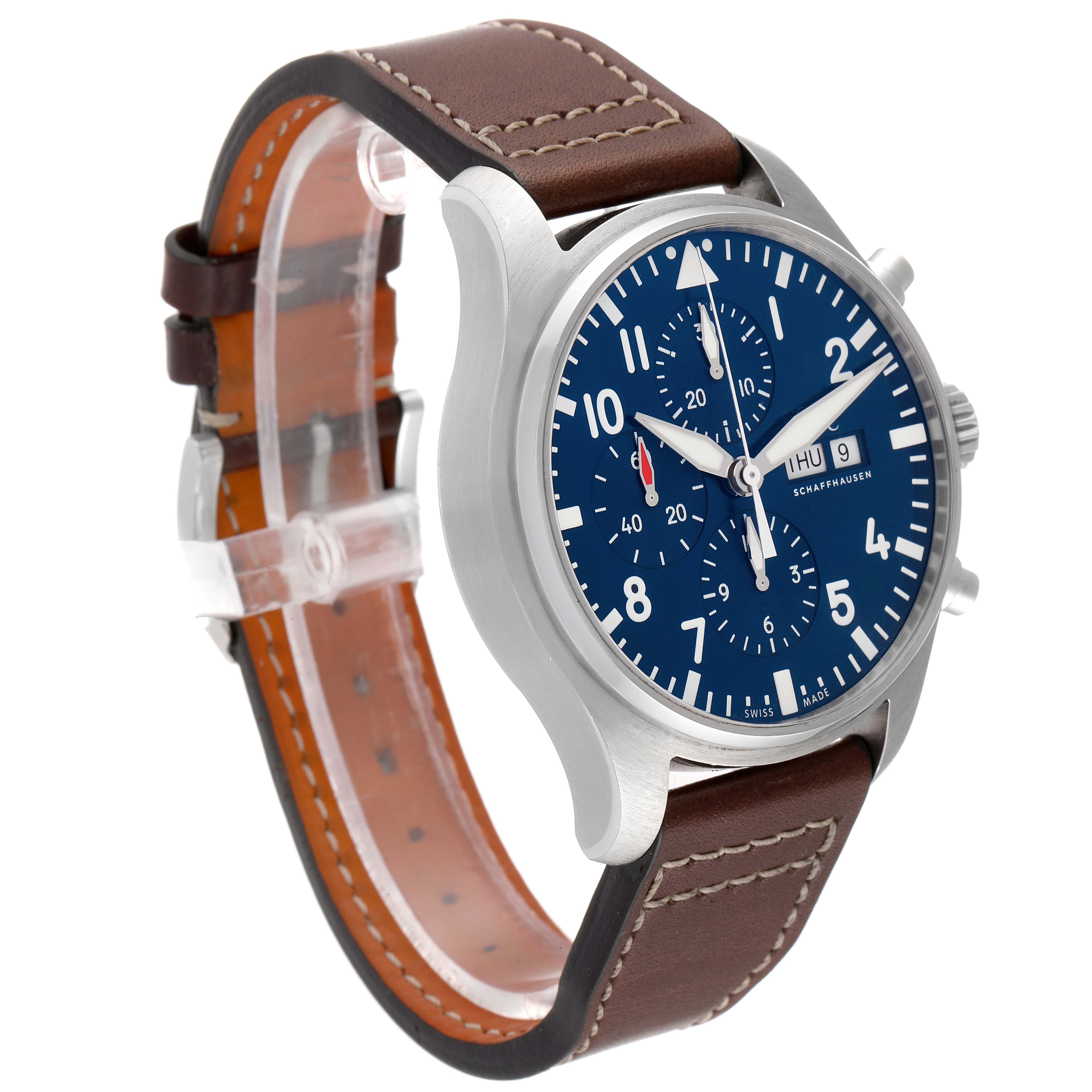 This IWC Pilot IW377714 Men's Stainless Steel Blue Dial IW377714 Men's Stainless Steel Blue Dial model watch is shown at a three-quarter angle, featuring the blue dial, pushers, crown, and brown leather strap.
