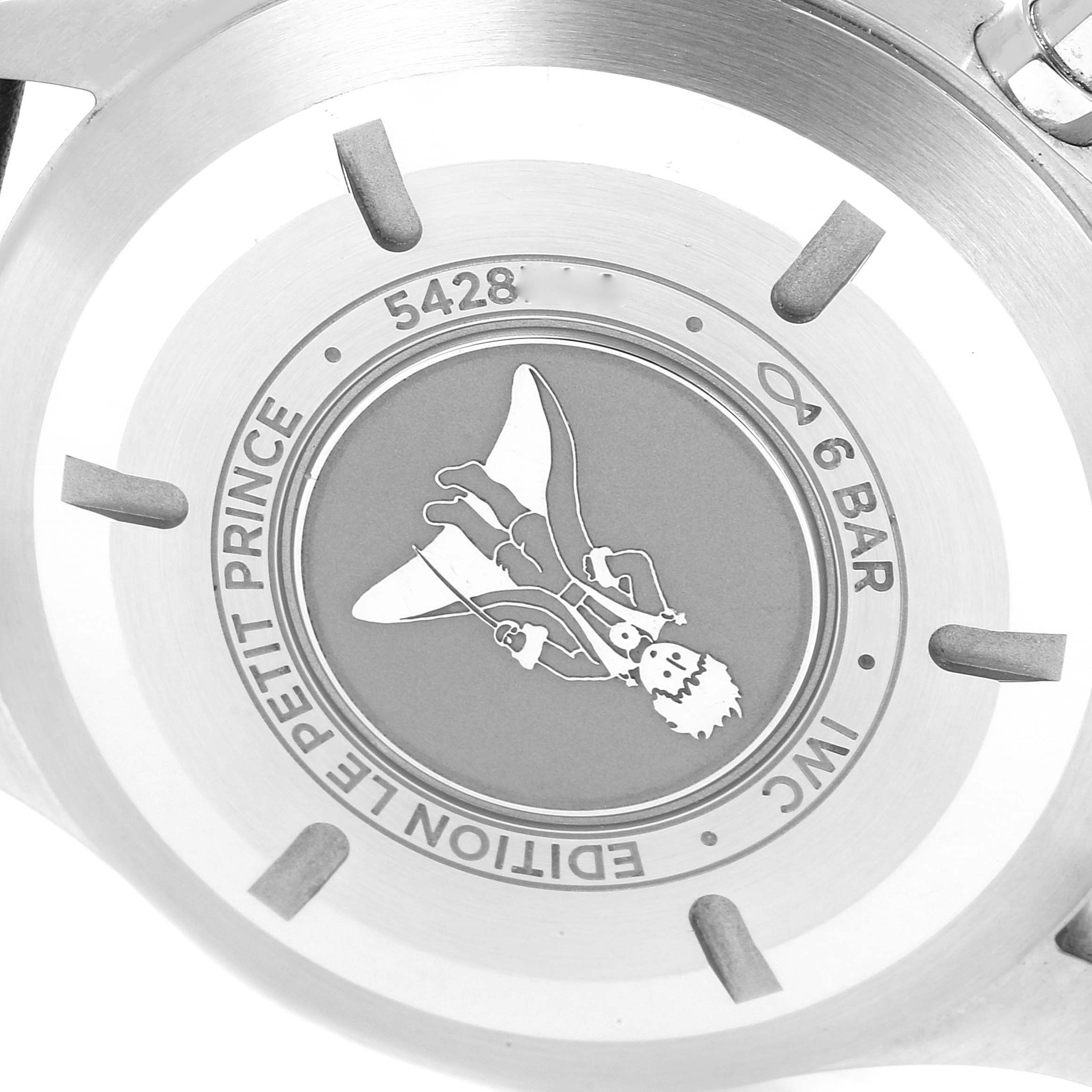 The image shows the back of the IWC Pilot IW377714 Men's Stainless Steel Blue Dial IW377714 Men's Stainless Steel Blue Dial model watch, featuring an engraved "LE PETIT PRINCE" illustration and model details.