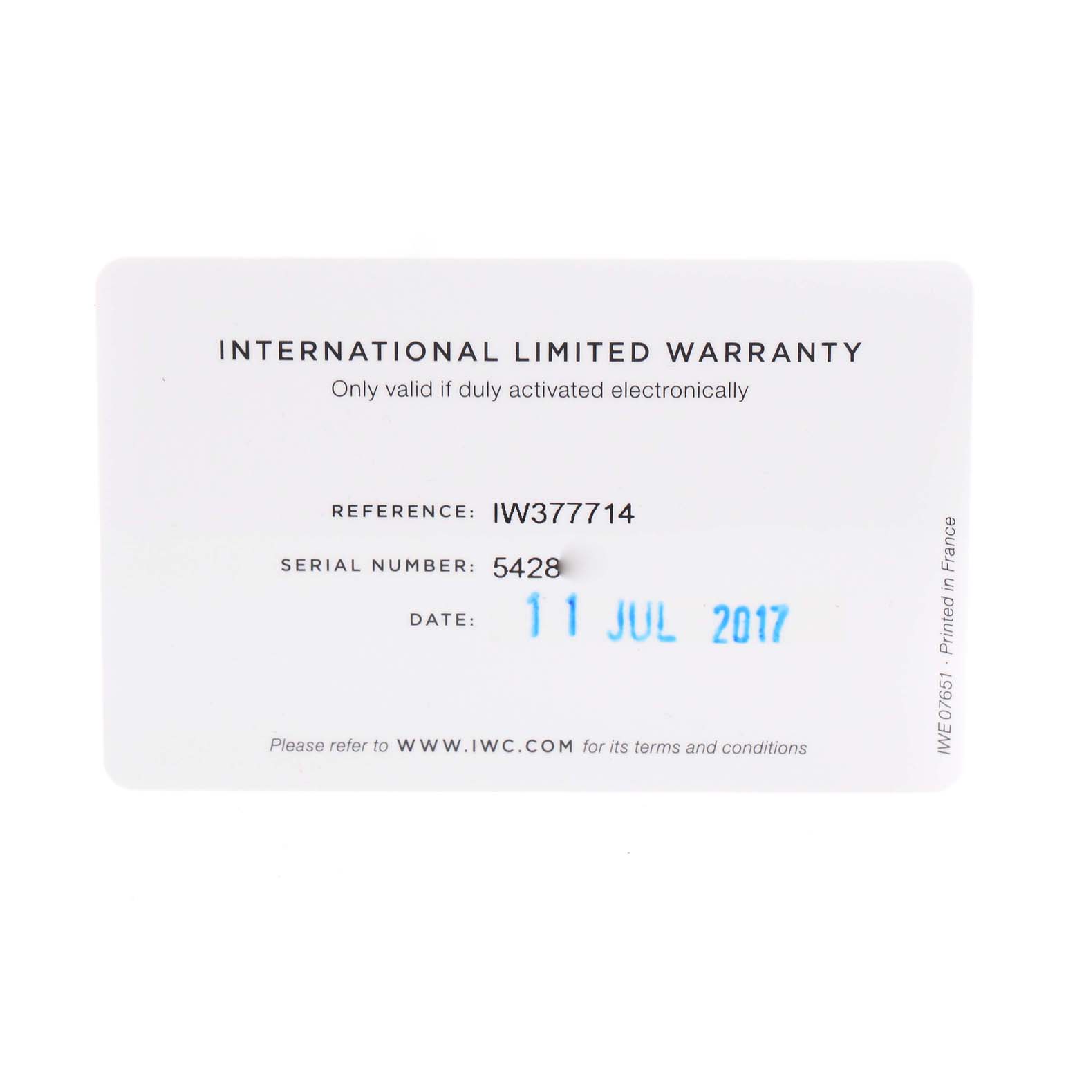 This image shows the warranty card for the IWC Pilot IW377714 Men's Stainless Steel Blue Dial IW377714 Men's Stainless Steel Blue Dial model watch with reference number IW377714.