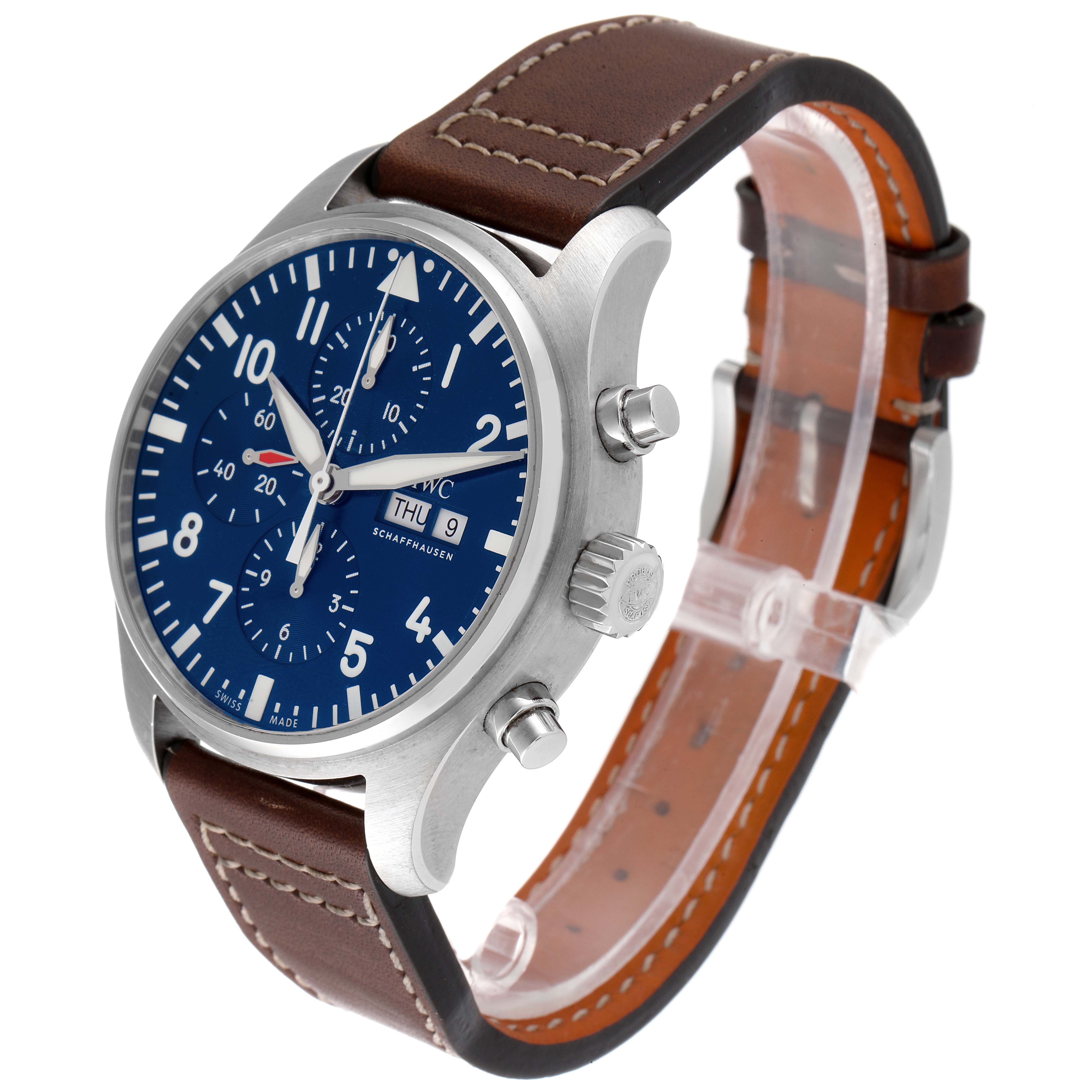 The IWC Pilot IW377714 Men's Stainless Steel Blue Dial IW377714 Men's Stainless Steel Blue Dial model watch is shown at a three-quarter angle, highlighting its face, case, crown, pushers, and leather strap.