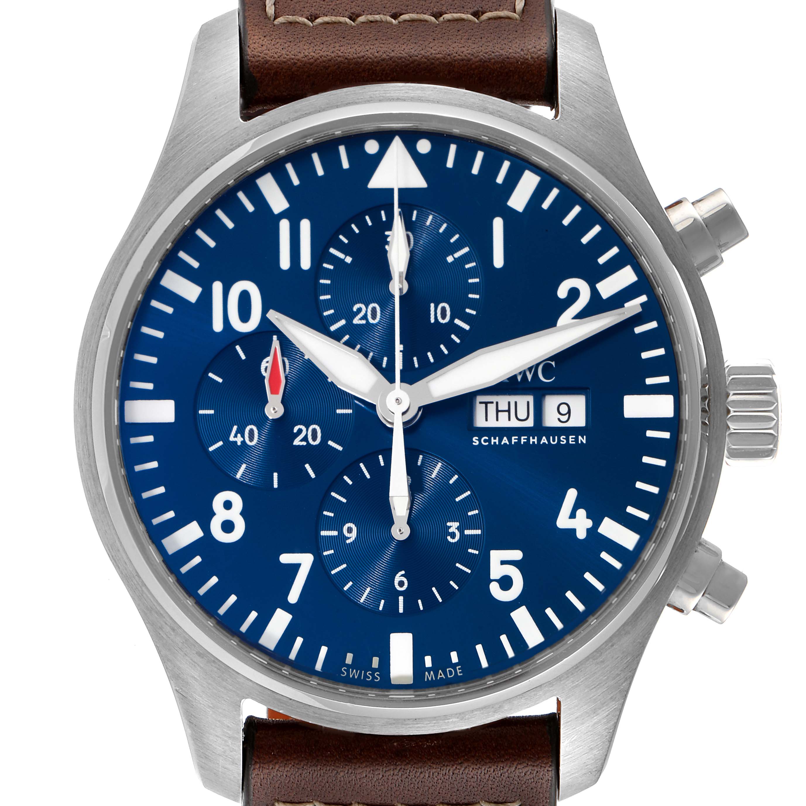 This image shows the front face of an IWC Pilot IW377714 Men's Stainless Steel Blue Dial IW377714 Men's Stainless Steel Blue Dial model watch, highlighting its blue dial, chronograph sub-dials, and brown leather strap.