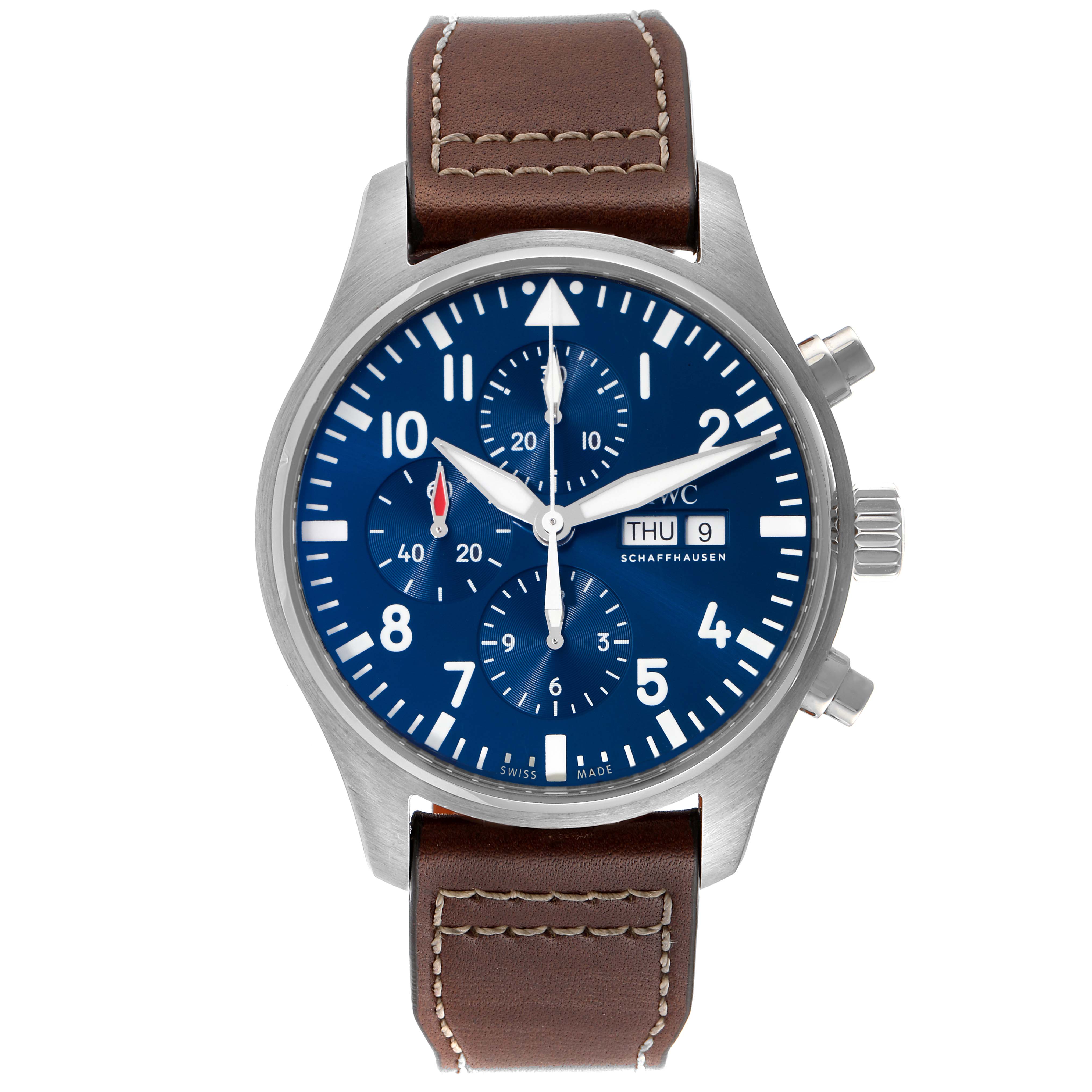 The image shows a front angle view of an IWC Pilot IW377714 Men's Stainless Steel Blue Dial IW377714 Men's Stainless Steel Blue Dial watch with a blue dial and brown leather strap.
