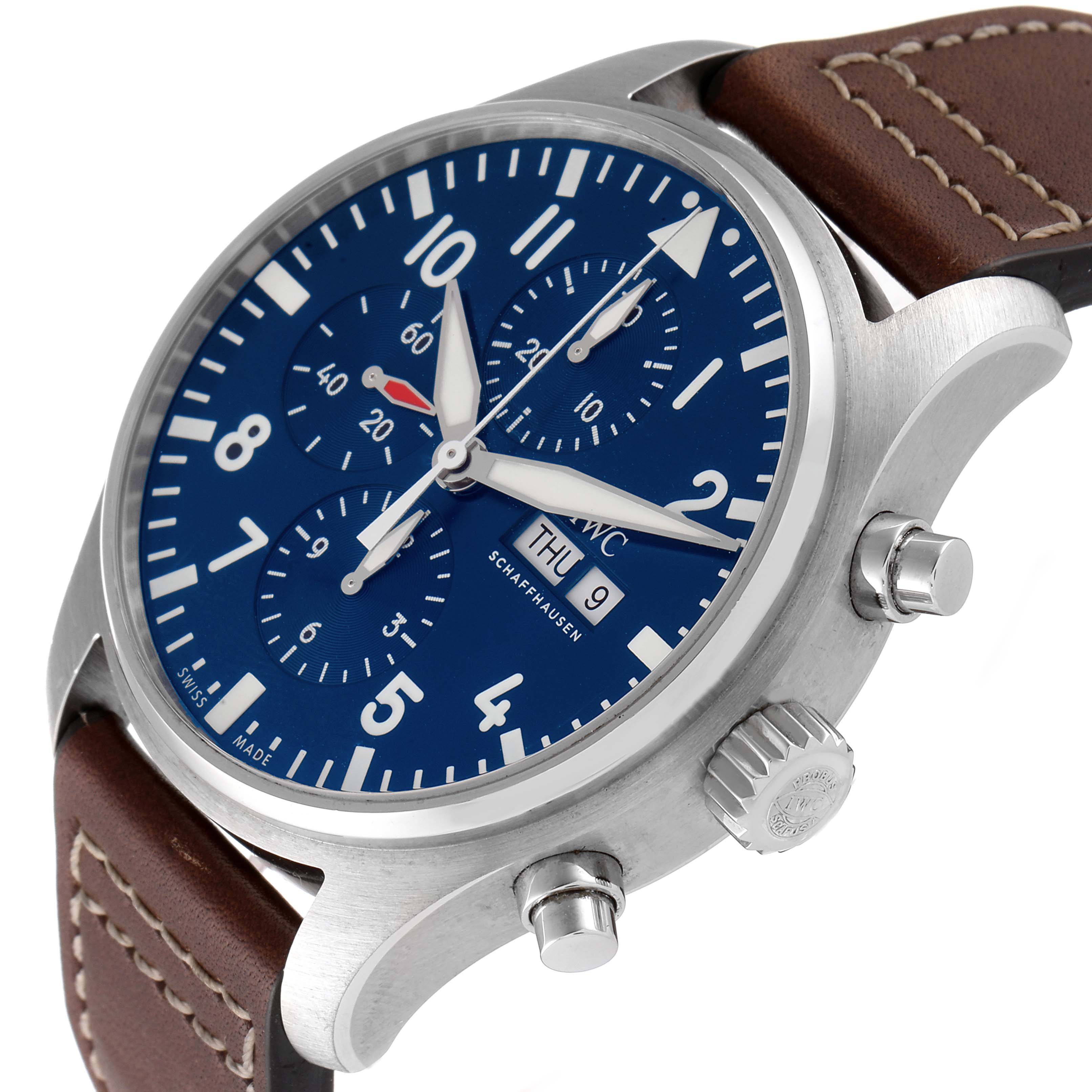This image shows an IWC Pilot IW377714 Men's Stainless Steel Blue Dial IW377714 Men's Stainless Steel Blue Dial model watch at a three-quarter angle, displaying the face, crown, and chronograph pushers.