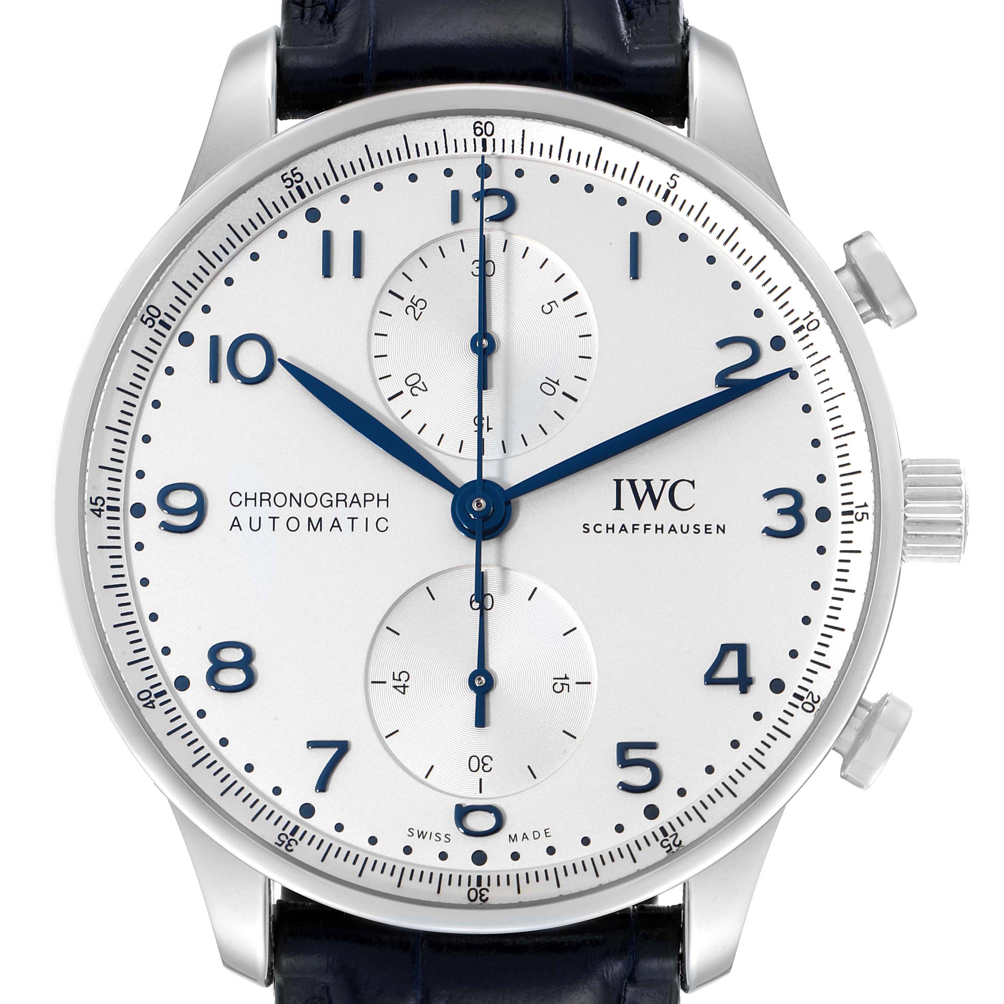 This image shows a front view of the IWC Portuguese IW371605 Men's Stainless Steel Silver Dial IW371605 Men's Stainless Steel Silver Dial Chronograph Automatic watch, highlighting the dial and hands.