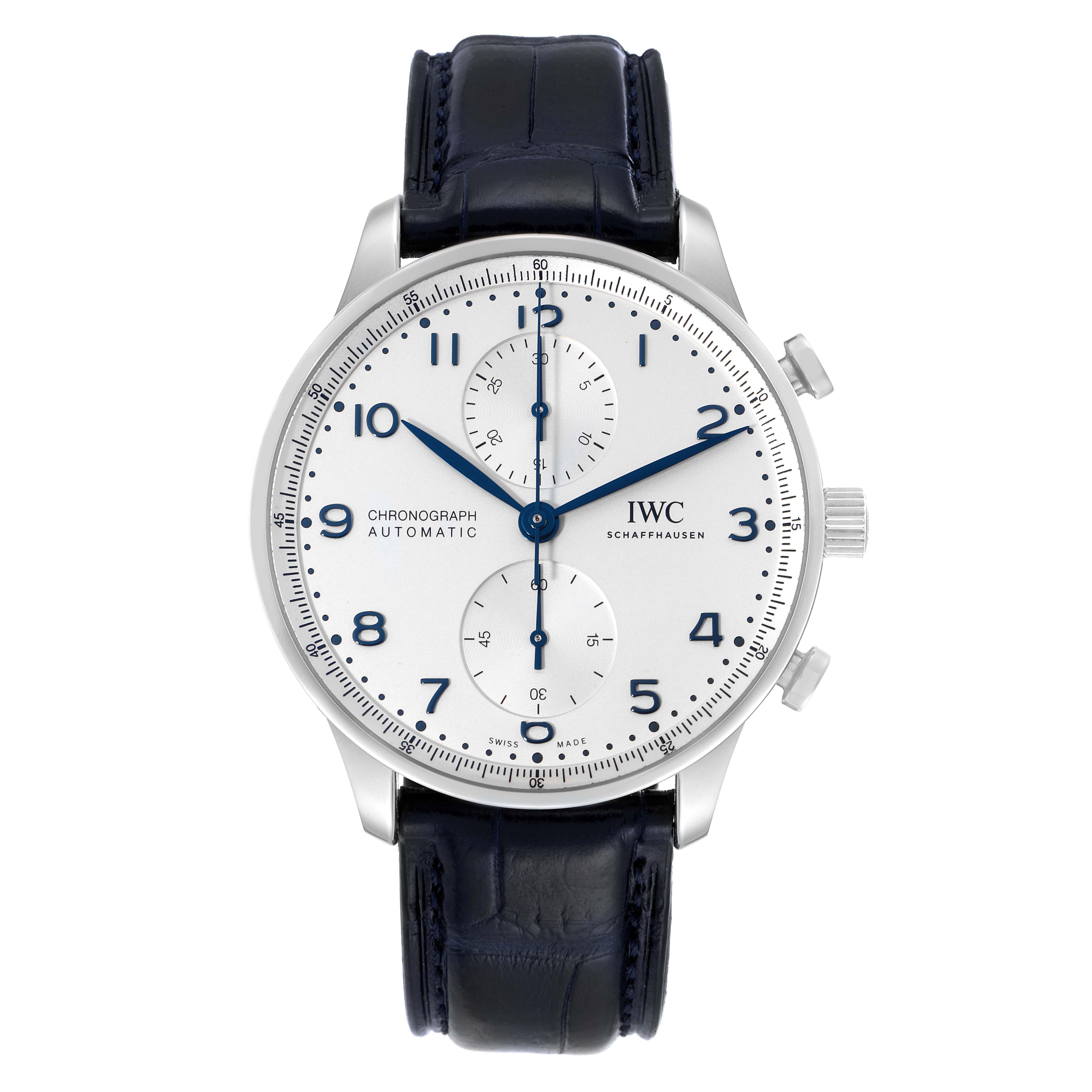 The image shows a front view of the IWC Portuguese IW371605 Men's Stainless Steel Silver Dial IW371605 Men's Stainless Steel Silver Dial model watch, highlighting its dial, chronograph subdials, and leather strap.