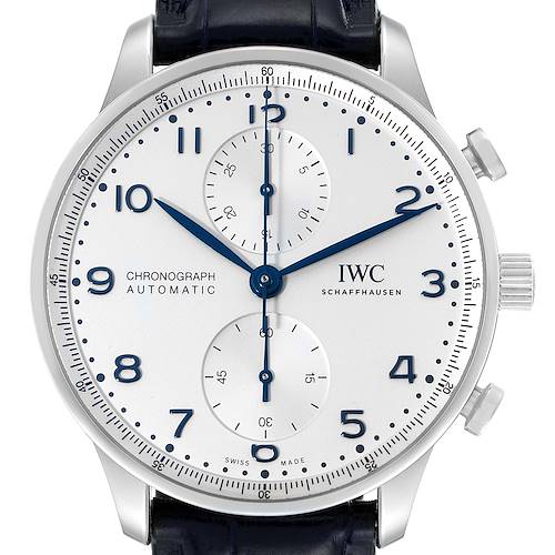 Photo of IWC Portugieser Chrono Silver Dial Blue Hands Steel Mens Watch IW371605 Box Card