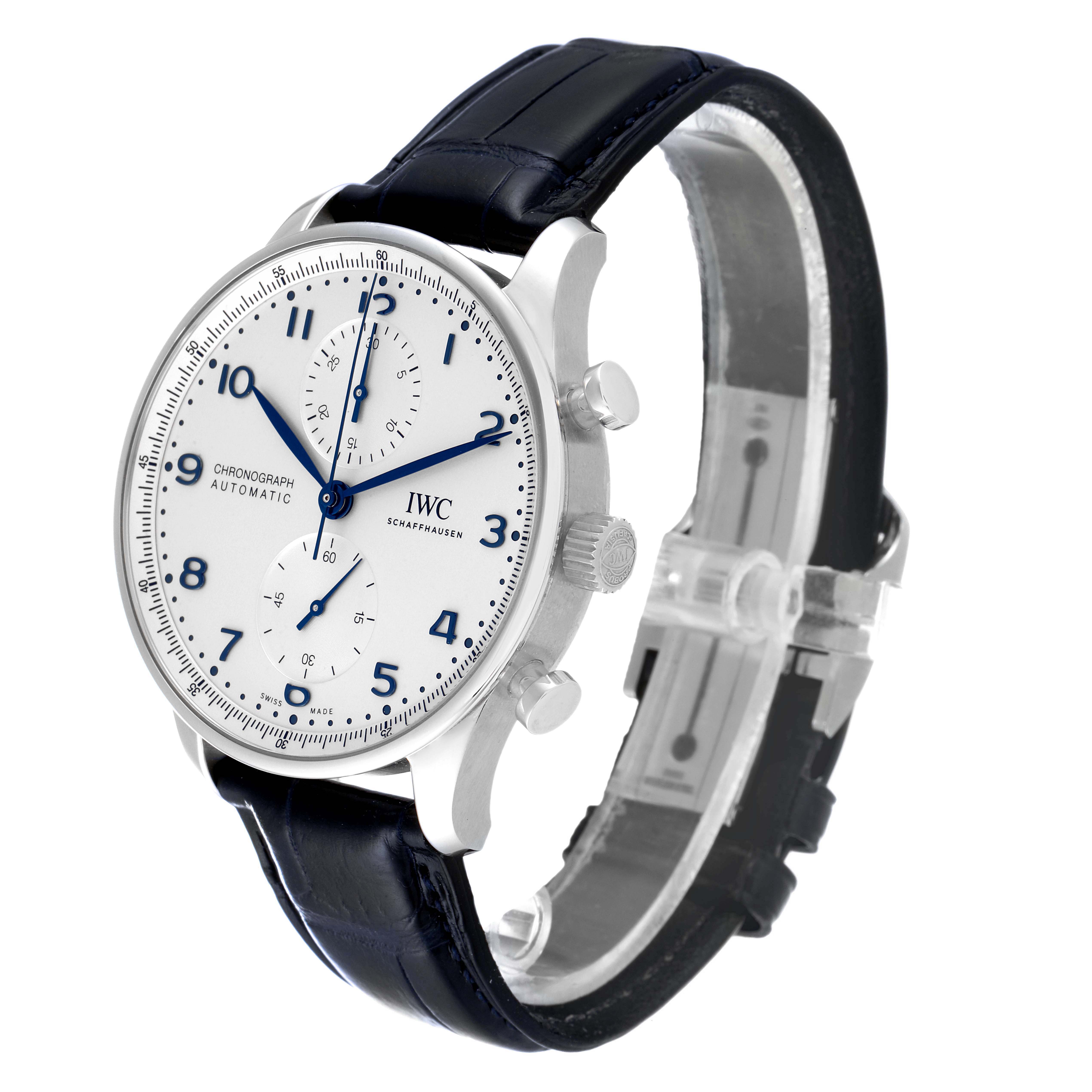 The image shows a side angle view of the IWC Portuguese IW371605 Men's Stainless Steel Silver Dial IW371605 Men's Stainless Steel Silver Dial model watch, displaying its face, buttons, and leather strap.